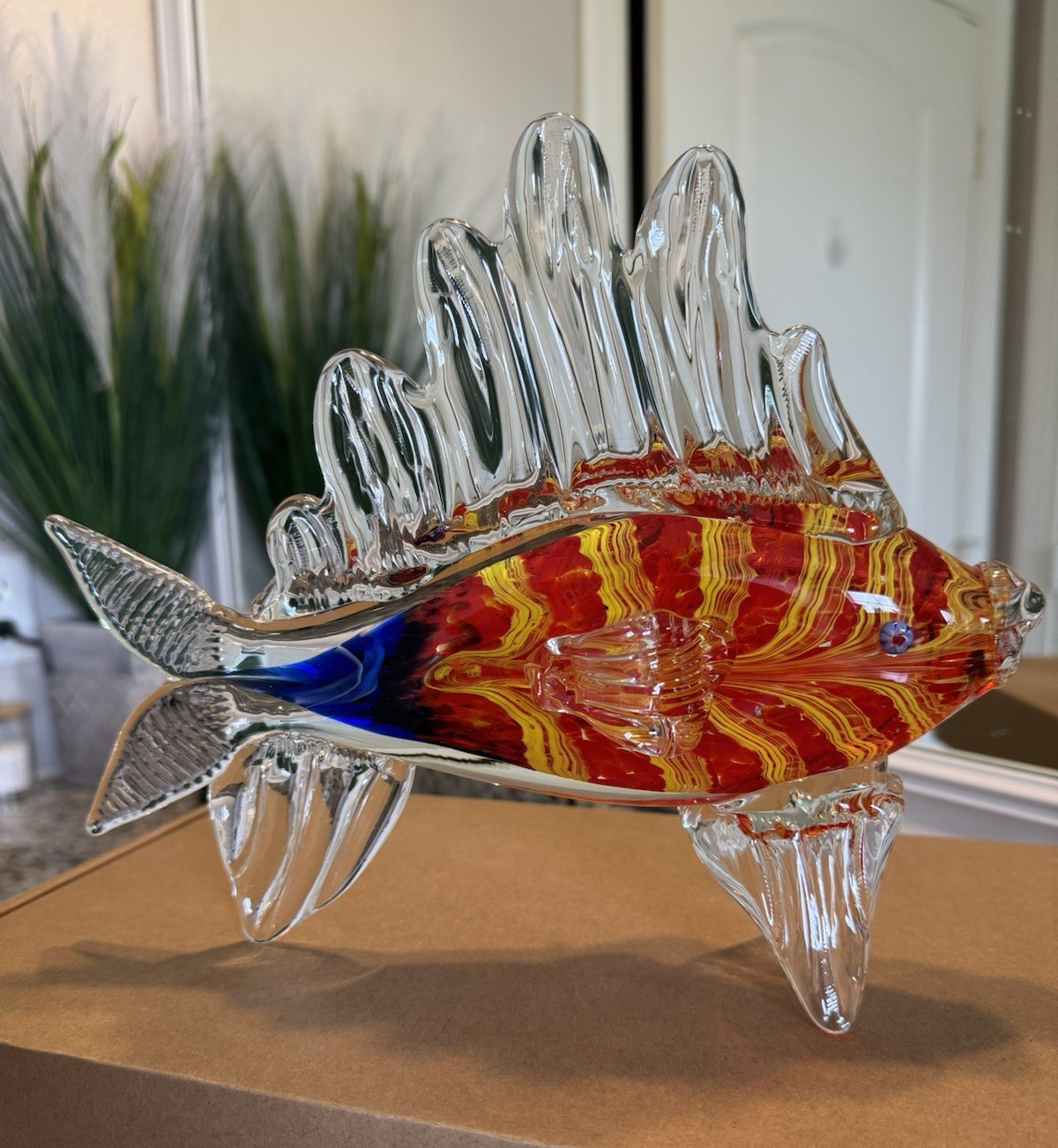 Art Glass Fish Figurine Swirl Red Yellow Blue Clear Fins Glossy Decor