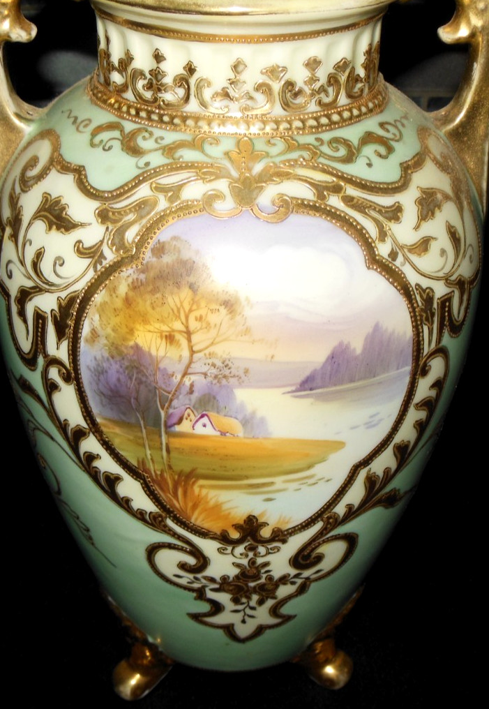 ANTIQUE NIPPON DOUBLE HANDLE LARGE VASE GOLD GILDING PAINTED COTTAGE LAKE SCENE