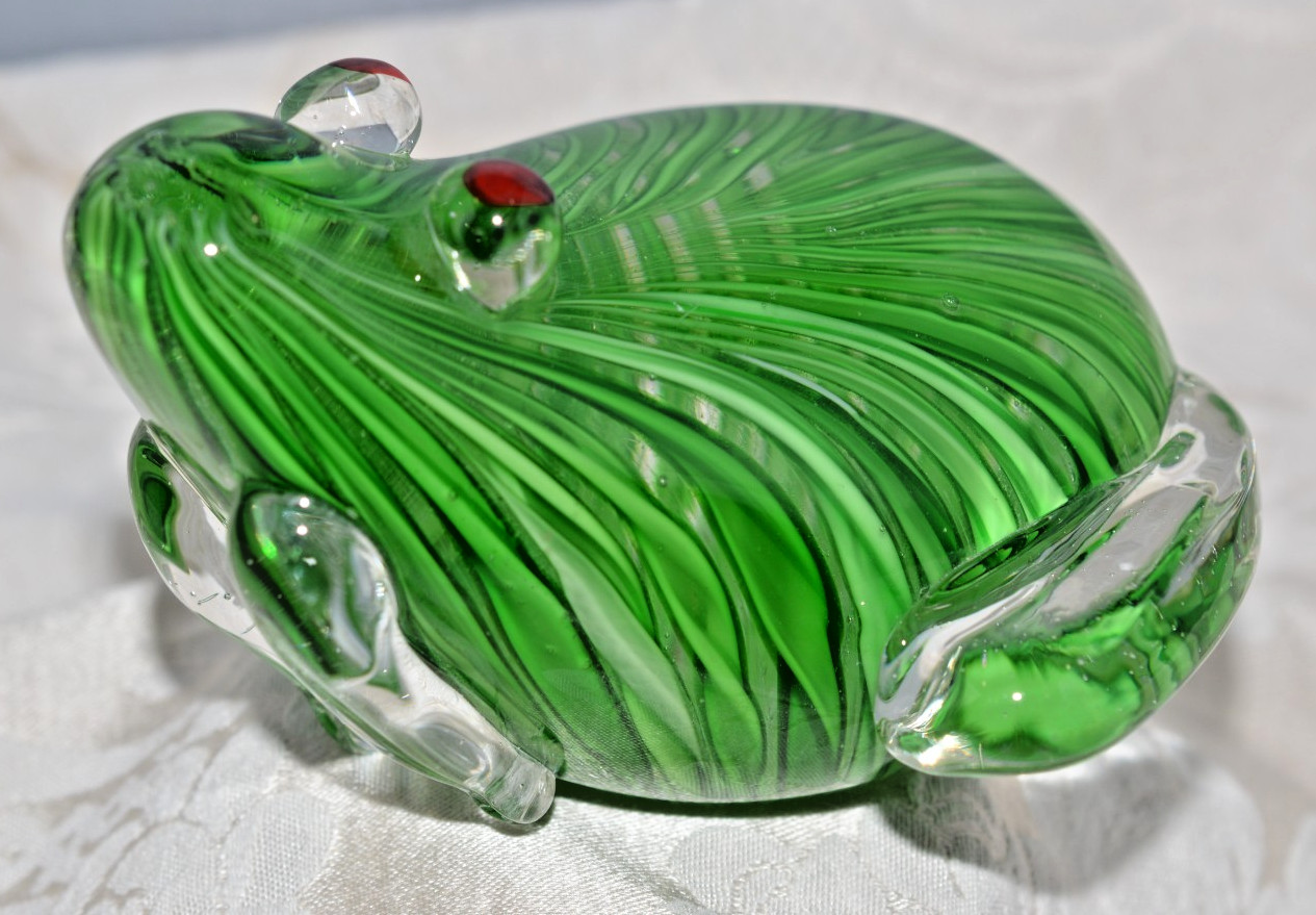 Murano Style Glass Green Stripe Frog Toad Hand Blown Mid Century Paper Weight