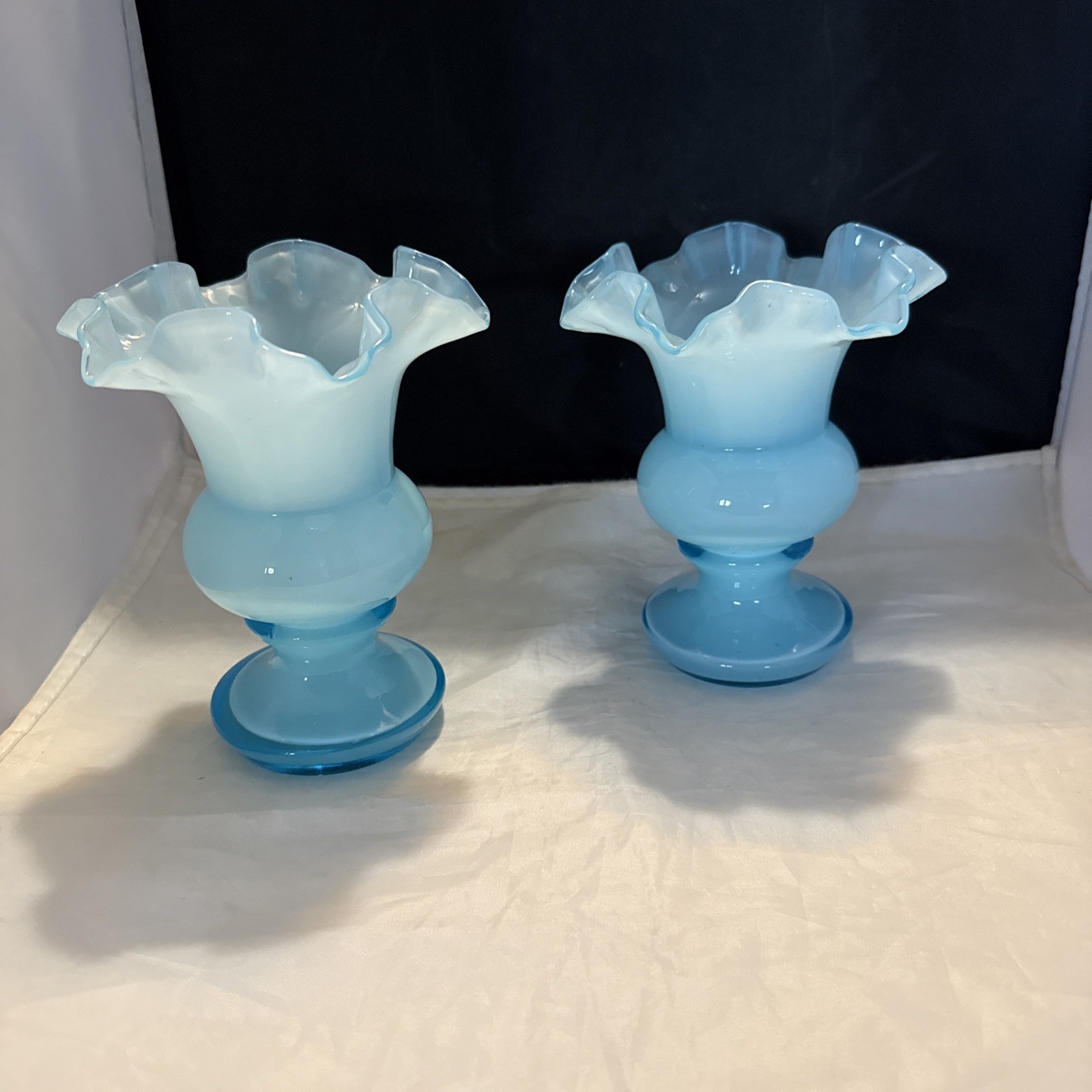 Vintage Light Blue Glass Overlay 6.5”Flower Vases With Crimped Rim Set 2