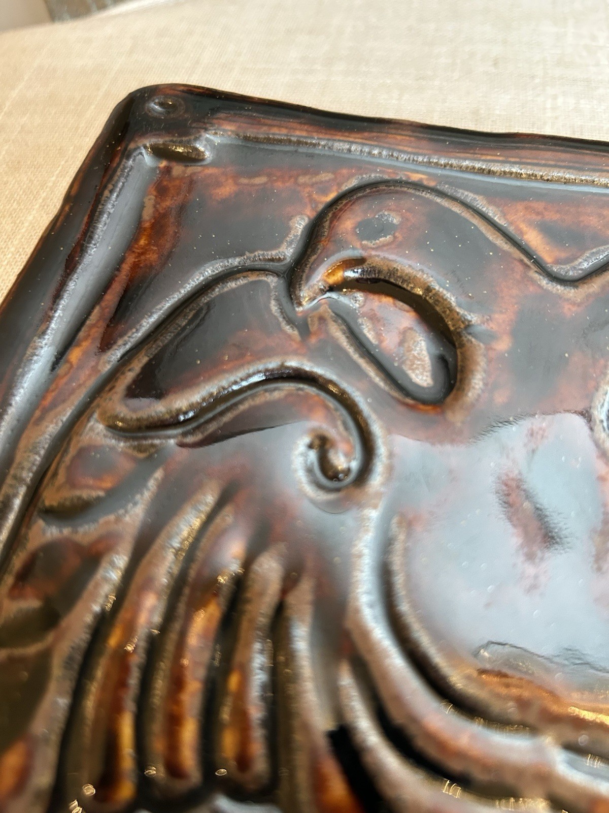 VTG Pewabic Pottery Two Headed Imperial Eagle 7.5” Tile With Tortoiseshell Glaze