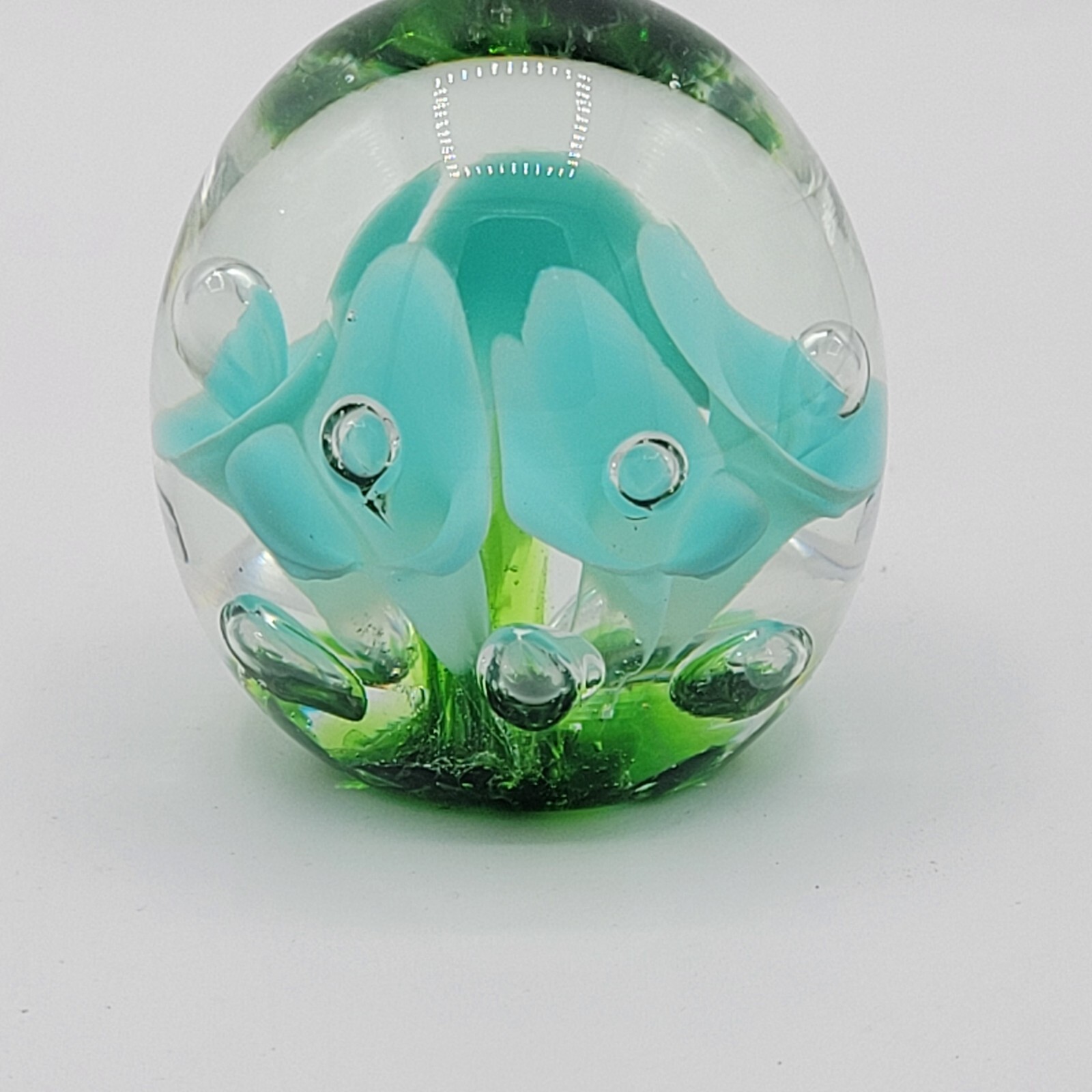 Joe St Clair Glass Paperweight Turquoise Lilies Stamped Controlled Bubbles