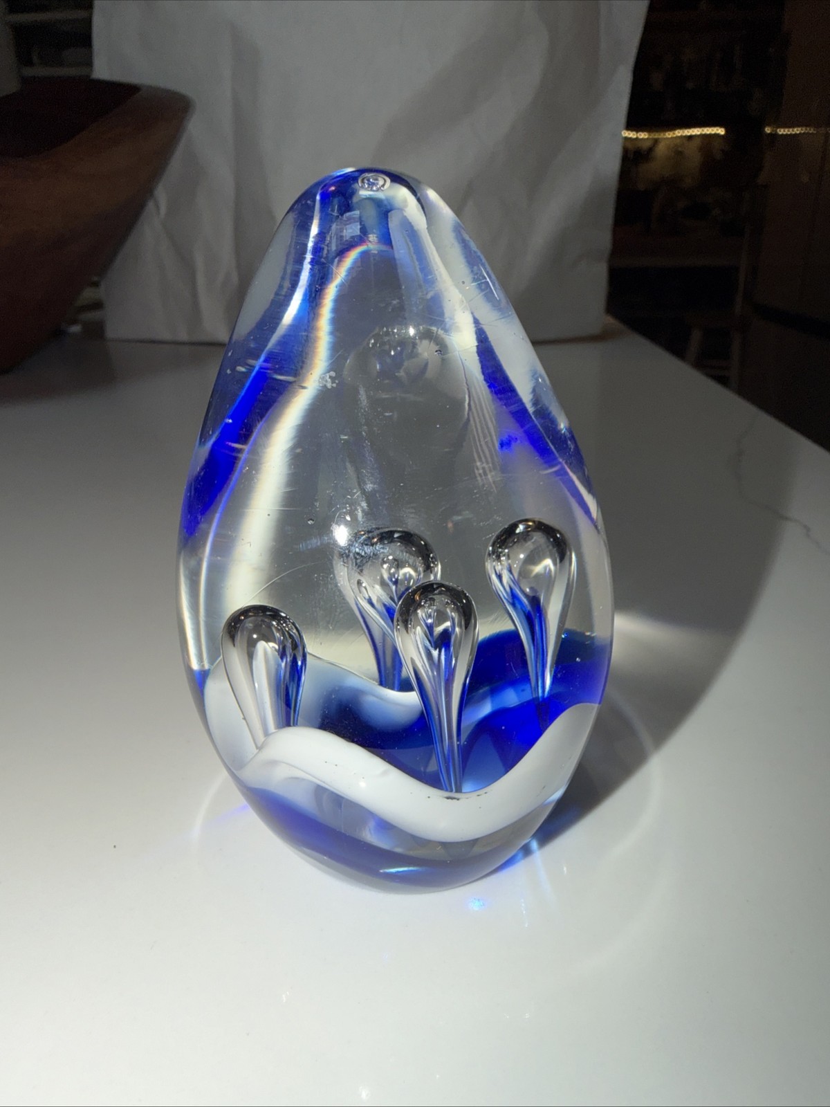 Vintage Clear And Blue Bubble Glass Paper Weight
