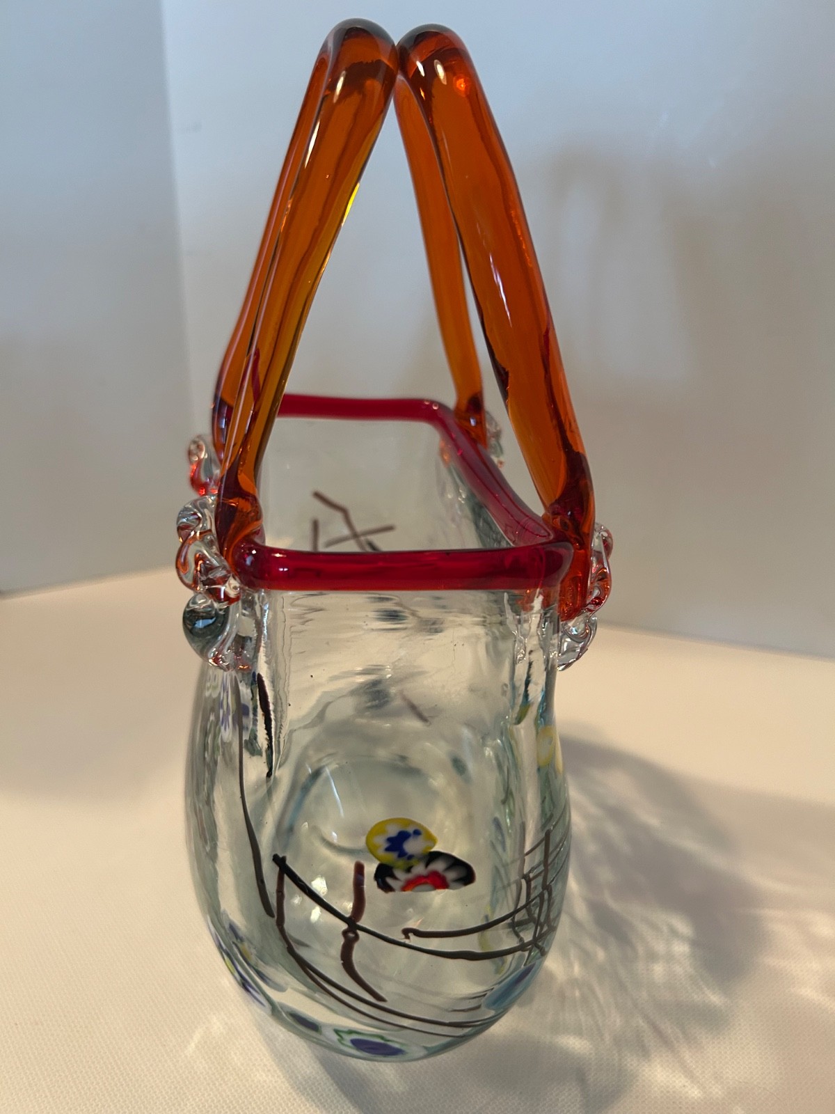 Vintage Murano Style Cavalier Art Glass Purse Vase Red Handle Floral Hand Blown