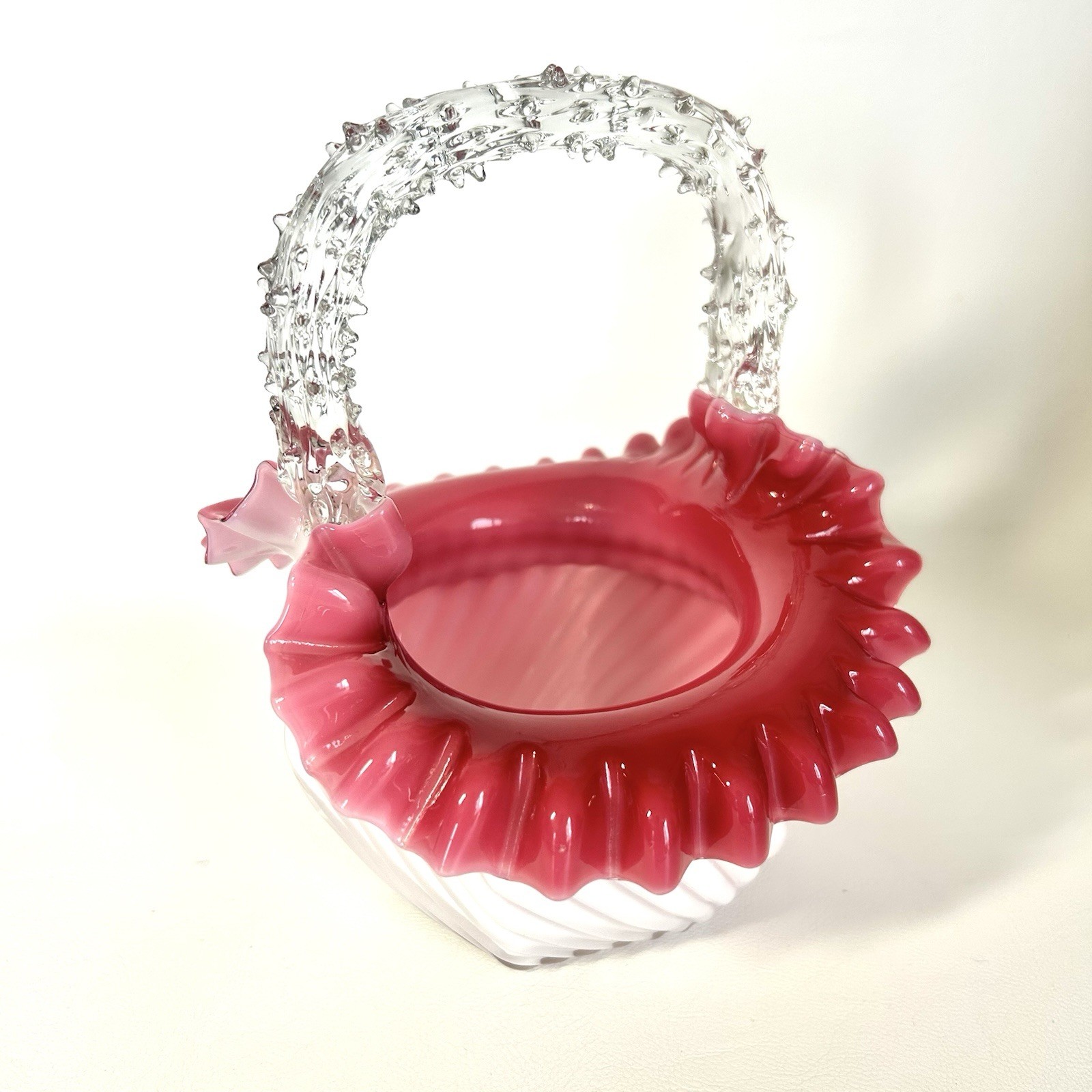Antique Victorian Cranberry Art Glass Basket w Thorn Handle Ruffled Edge Hexagon