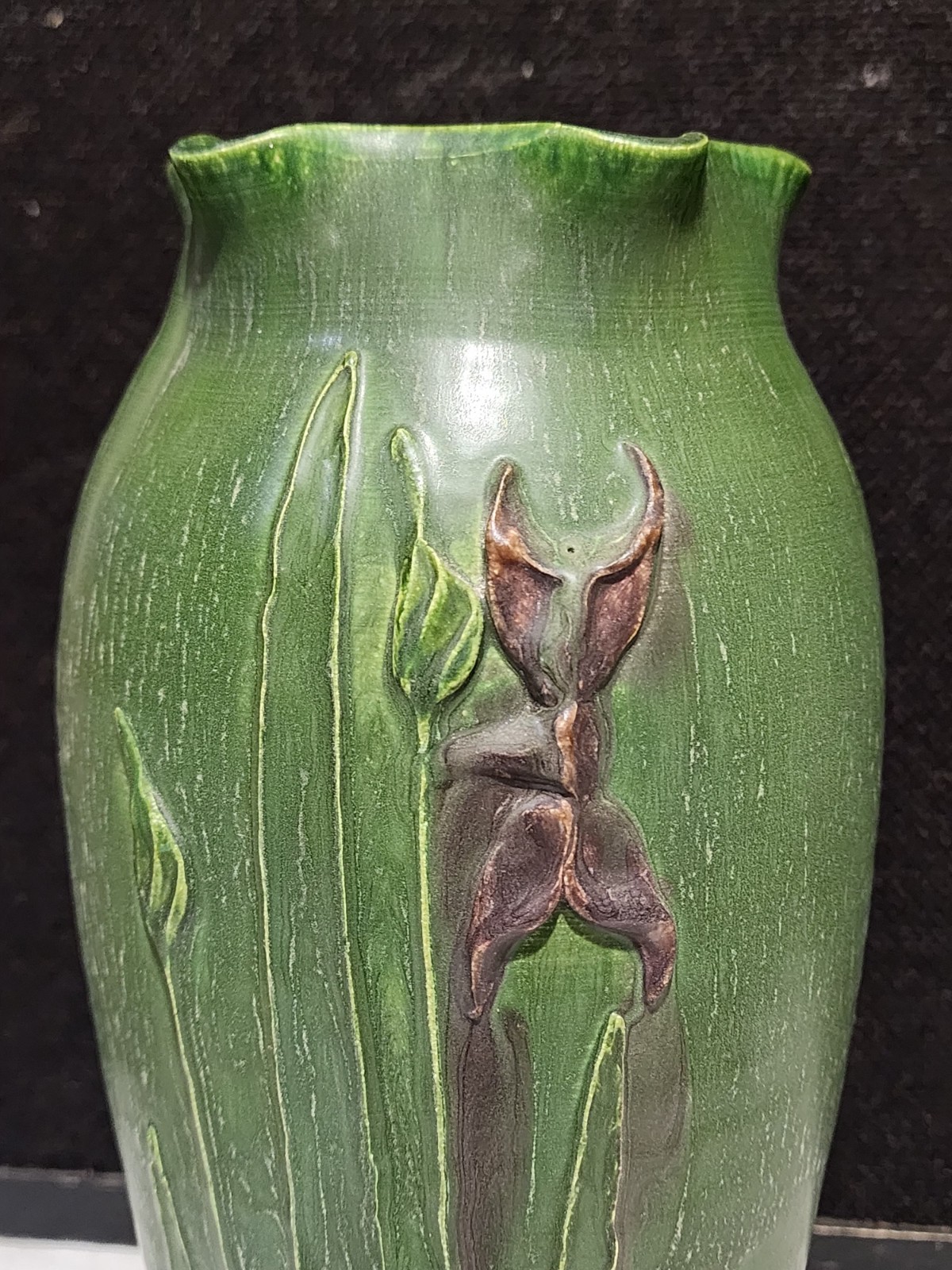 Ephraim Faience Raised Iris Vase Signed By Keith Hicks 11.5″ Green Glossy Finish