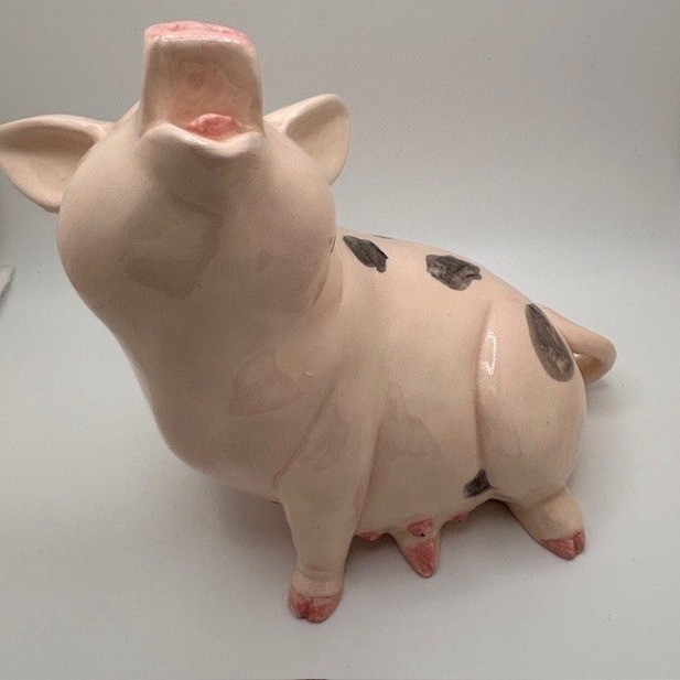 Vintage Ceramic Spotted Pig Figurine Pink Grey Sow Statue Farmhouse Decor 10in