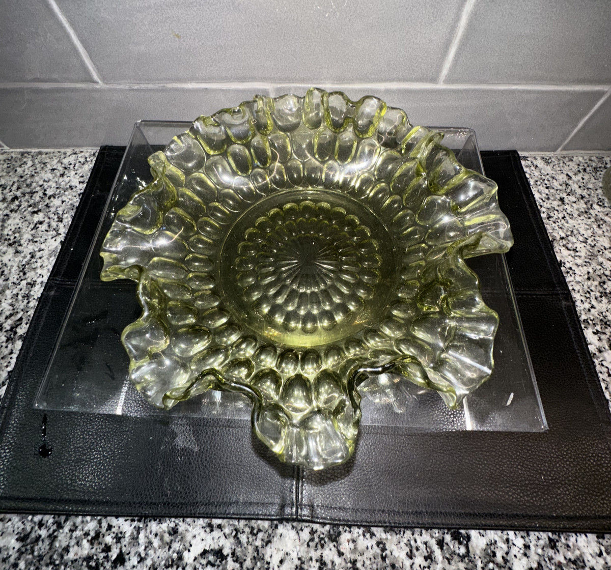 Vintage Fenton Colonial Green Thumbprint Ruffled Crimped Edge Glass Bowl 8”