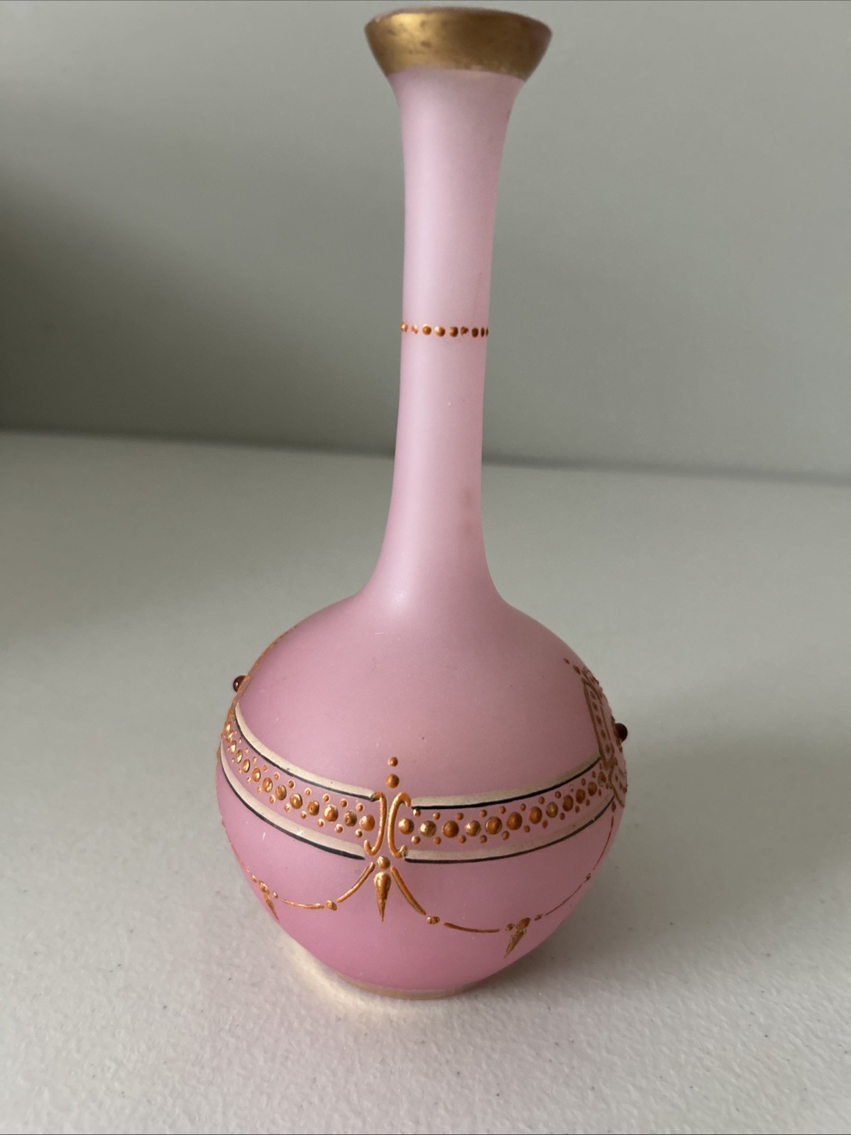 Handblown Pink Satin Glass Bud Vase, Gold accents