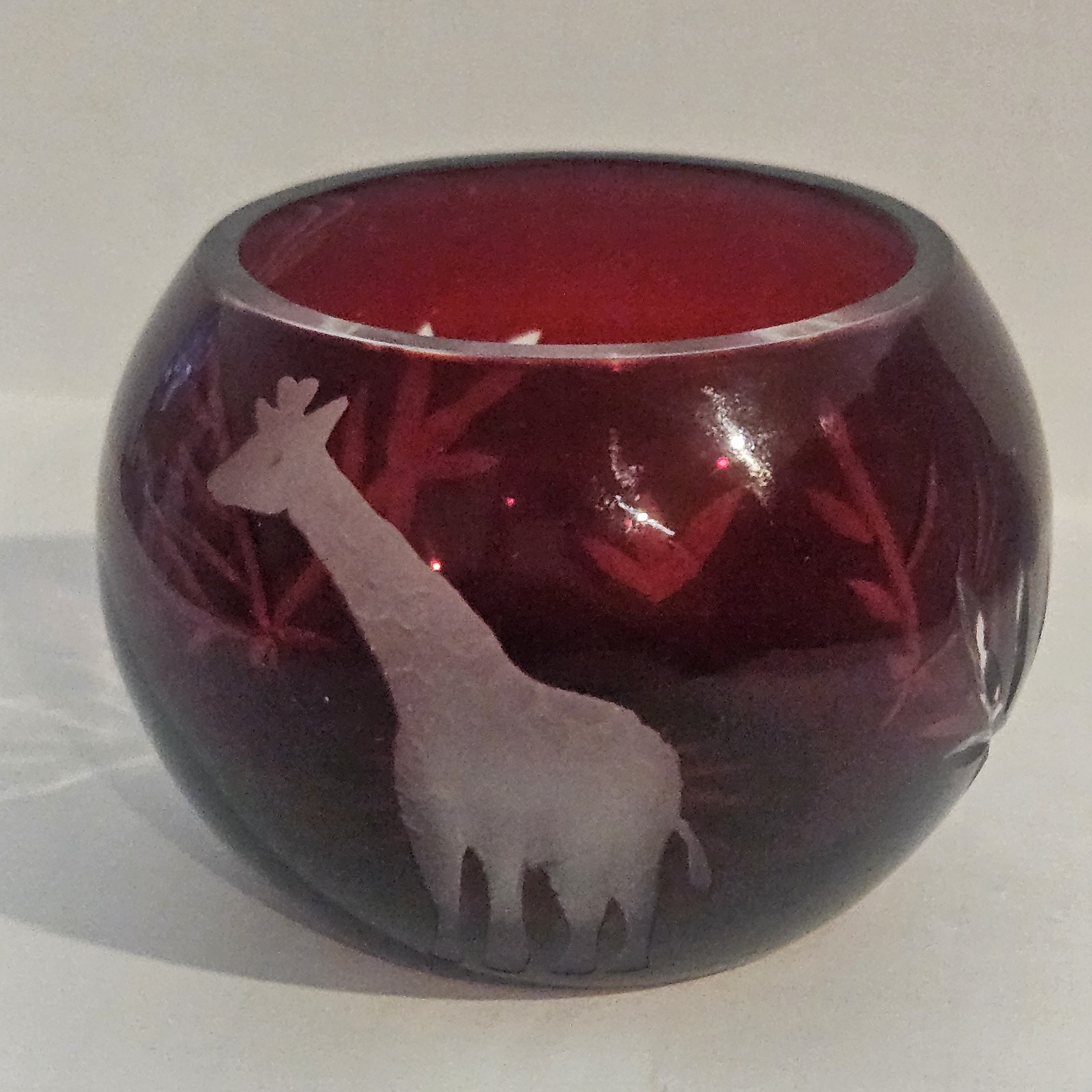 Pair Of Ruby Glass Cut To Clear Giraffee Bowls