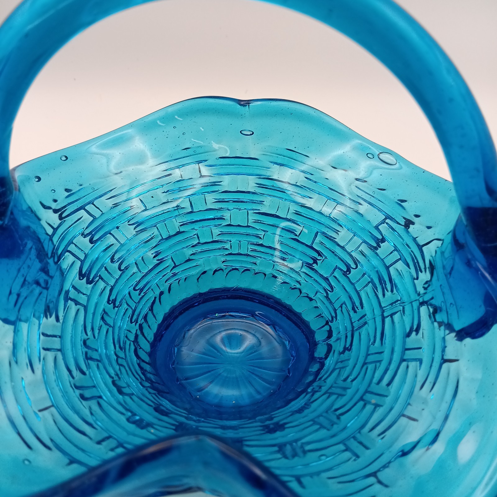Vintage Fenton Style Blue Glass Basketweave Basket Crimped Ruffled Candy Dish