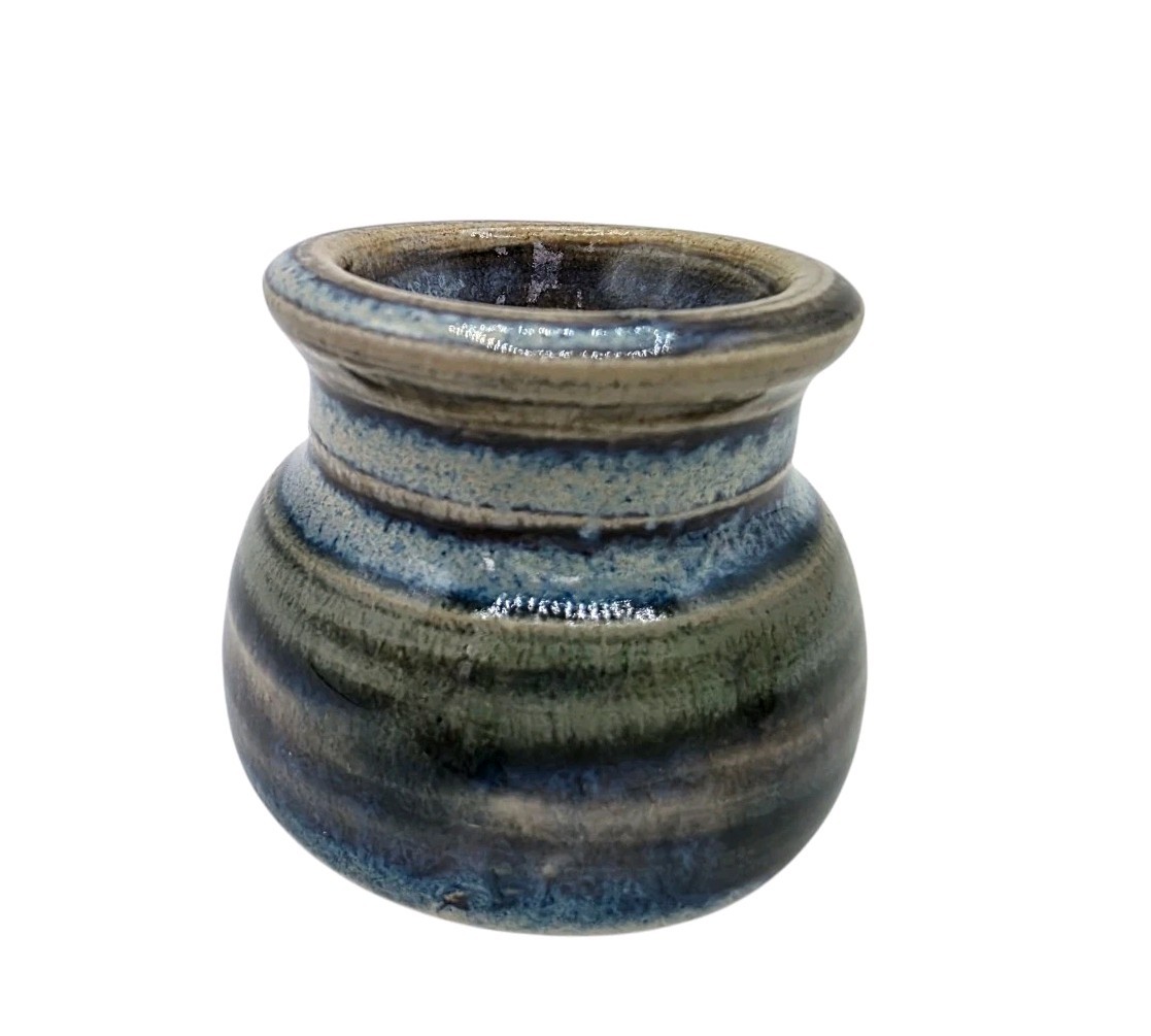 Miniature Studio Pottery Vase Blue Earth Tones 1.5” Signed LS Toothpick Holder