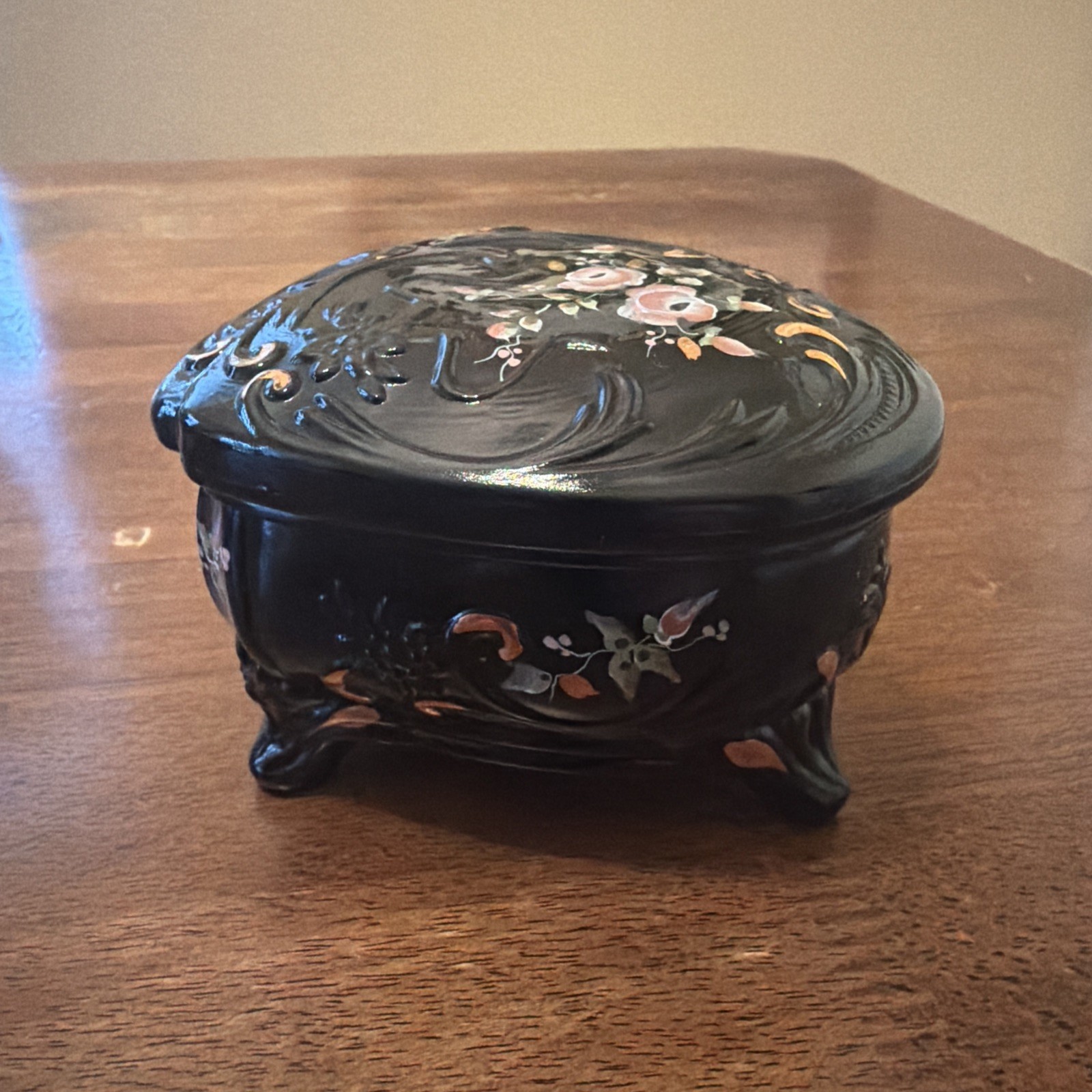 Fenton COPPER ROSE Black Glass Double Heart Shaped Covered Trinket Candy Box