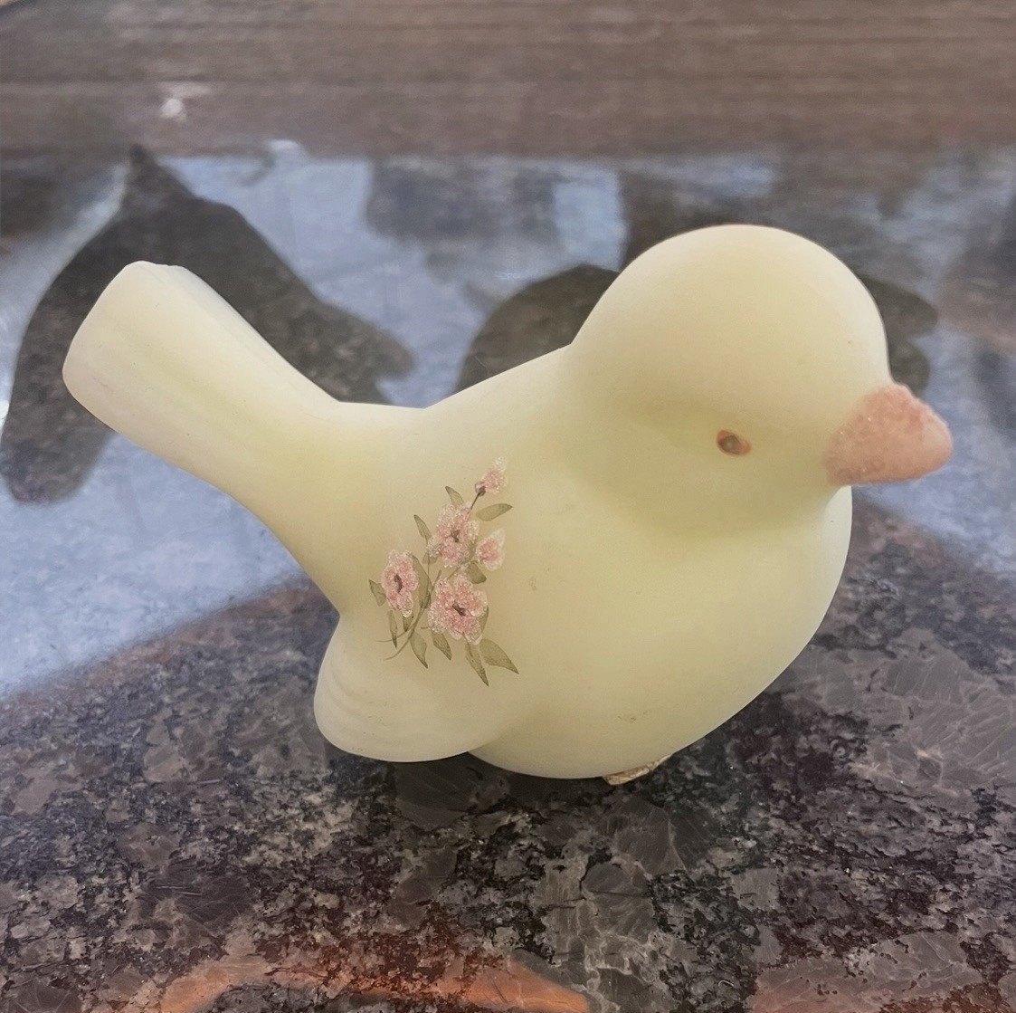 Fenton custard uranium Glass Bird Figurine Hand Painted Floral Signed
