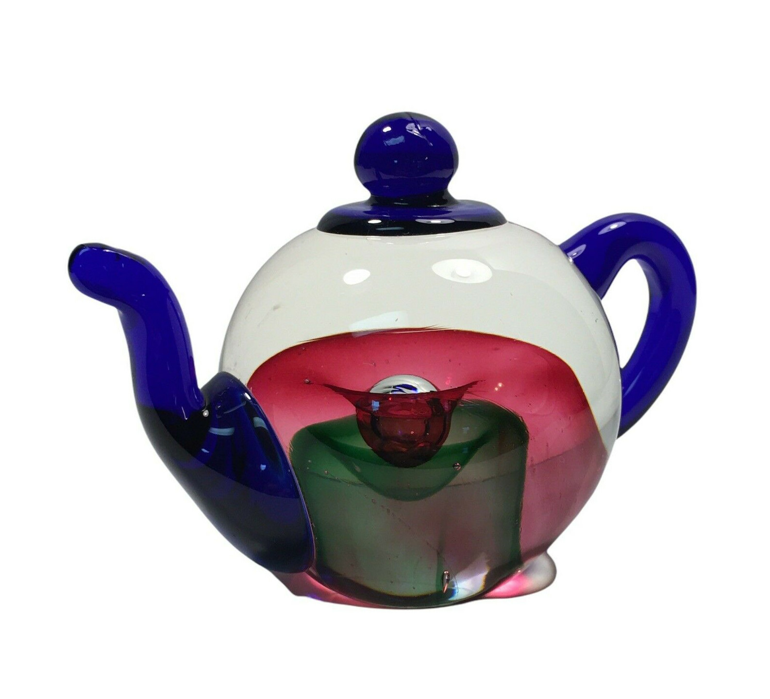Vtg EDINBURGH CRYSTAL Sommerso Teapot ART GLASS PAPERWEIGHT Cobalt Blue w/Label
