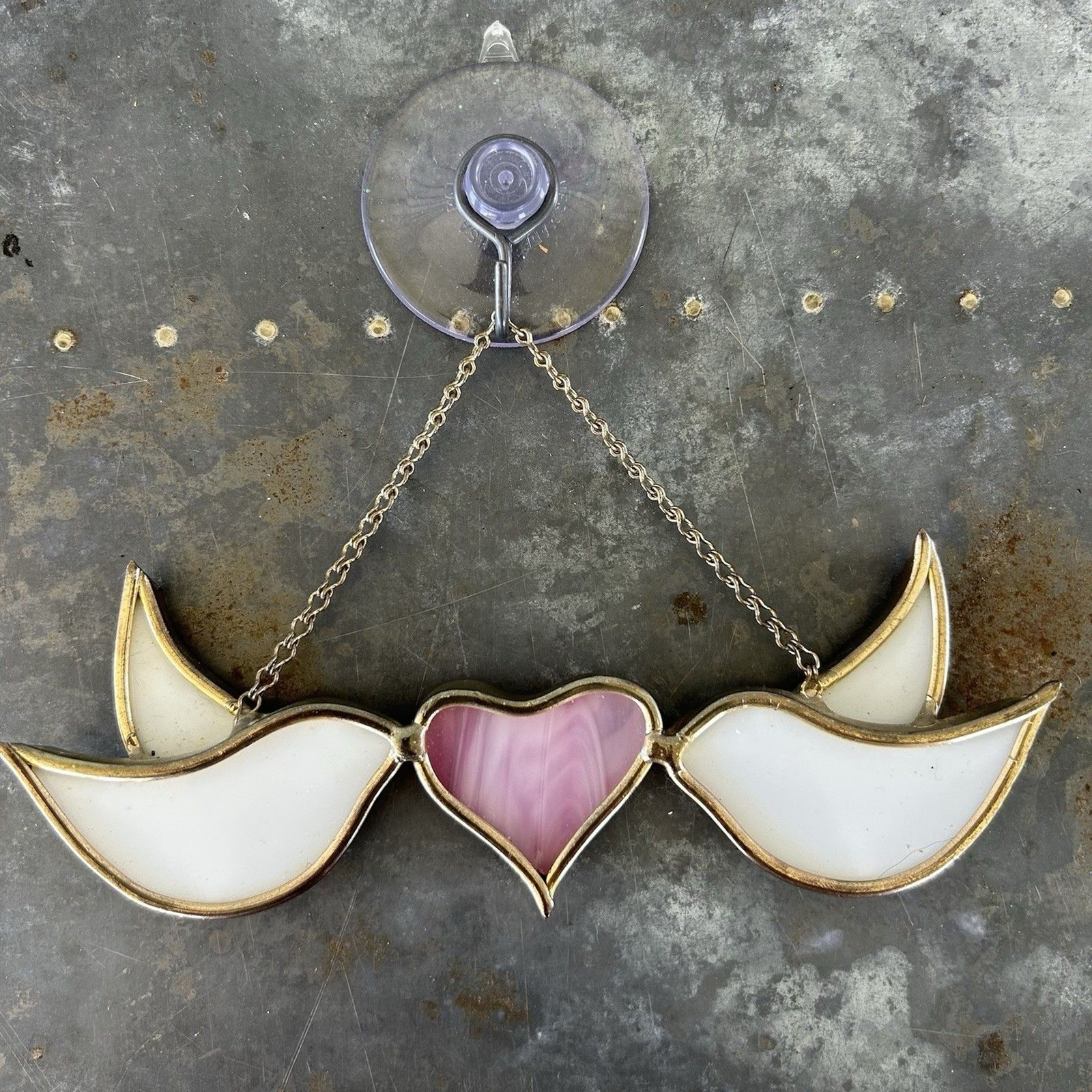 Vintage 1991 Stained Glass Love Birds Dove Pink Heart Window Hanging Sun Catcher