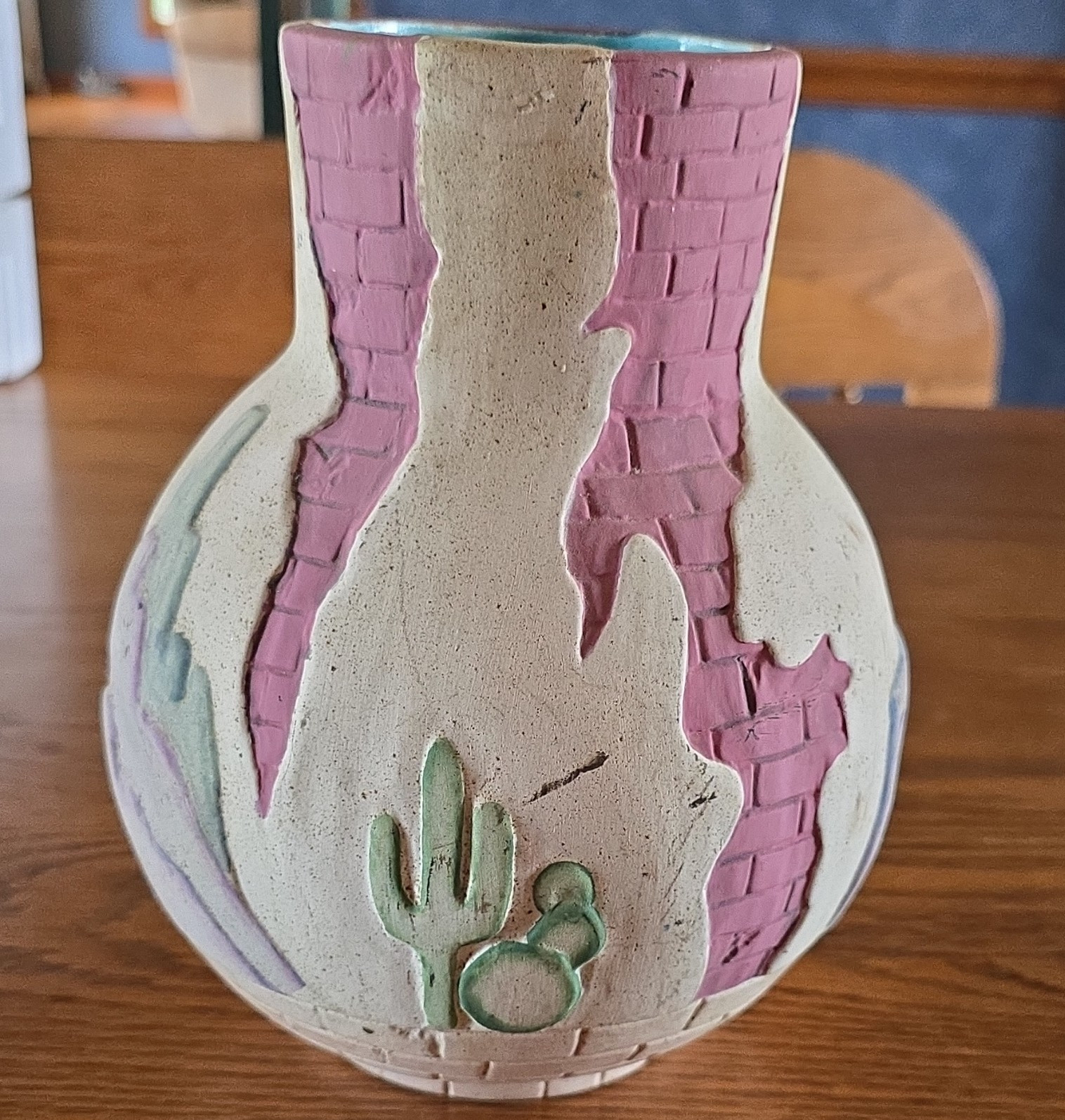 Lynn Whisenant Signed 1993 Art Pottery Vase Hand Painted Textured Cactus