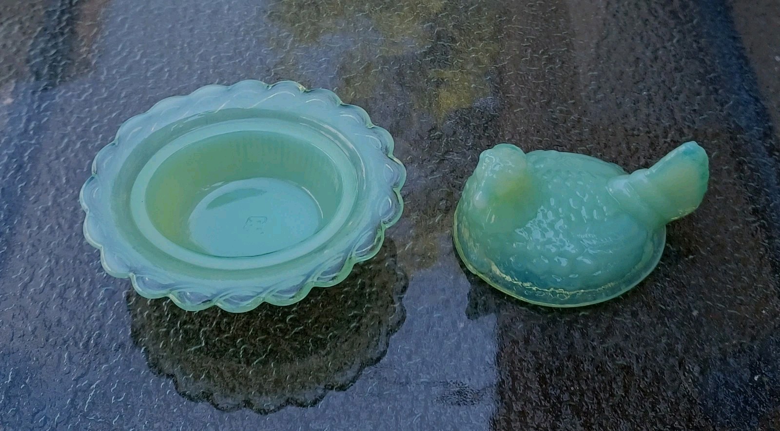 Mosser Mini Jadeite Jade Hen On Nest Signed Salt Cellar Green Glass Chicken