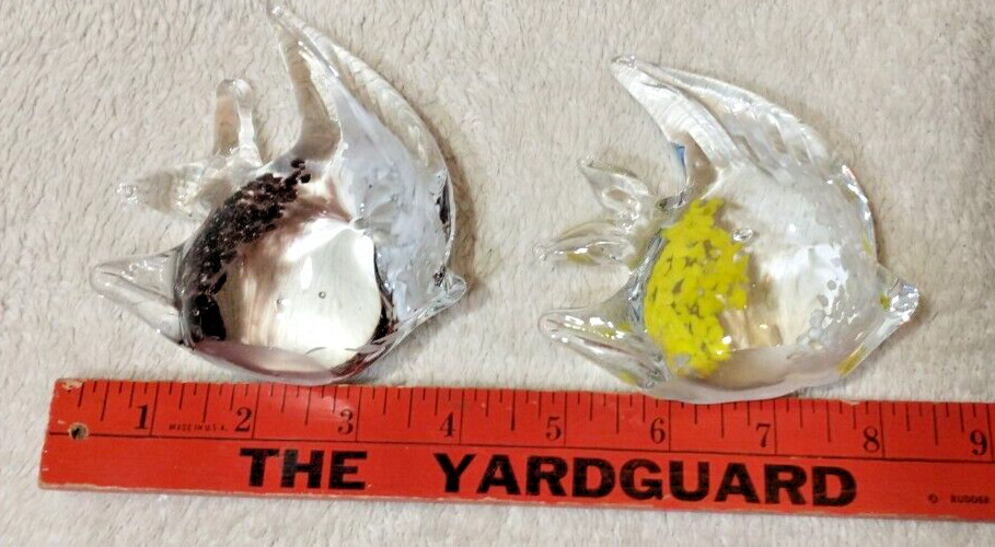 2 Art Glass Angel Fish Statue Clear Yellow White-Clear Black White Paperweight