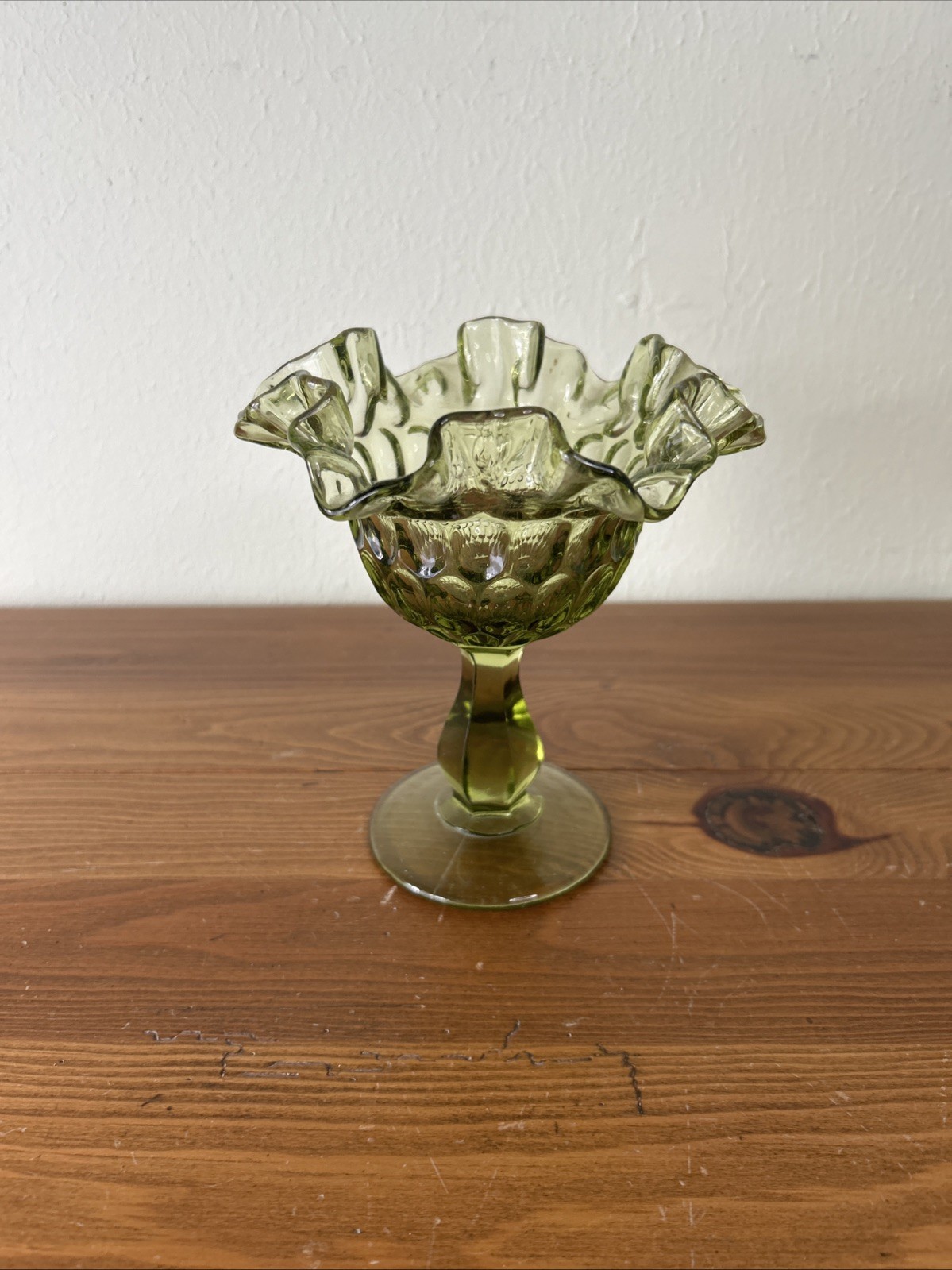 Vintage Fenton Art Glass Colonial Green Thumbprint Ruffled Compote Comport