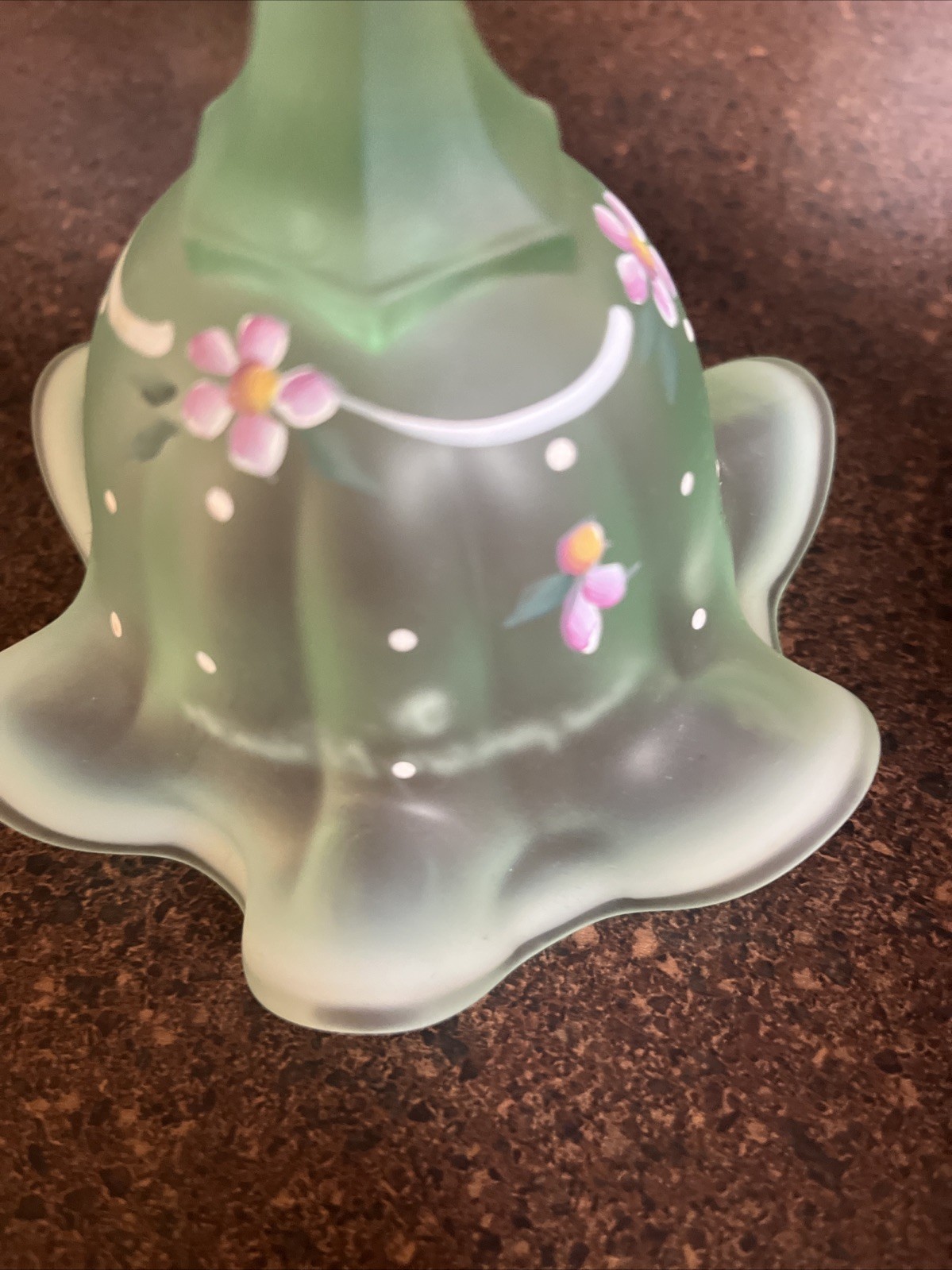 Fenton Dotted Swiss Willow Green Opalescent Satin Bell Signed 6”