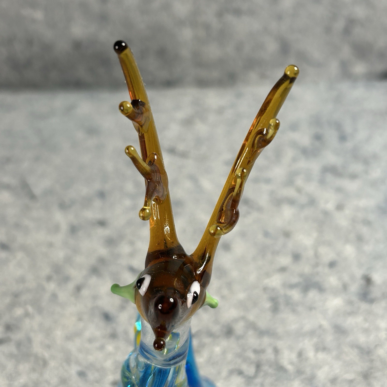 Hand Blown Art Glass Deer Figurine Blue Amber Spotted Vintage Style