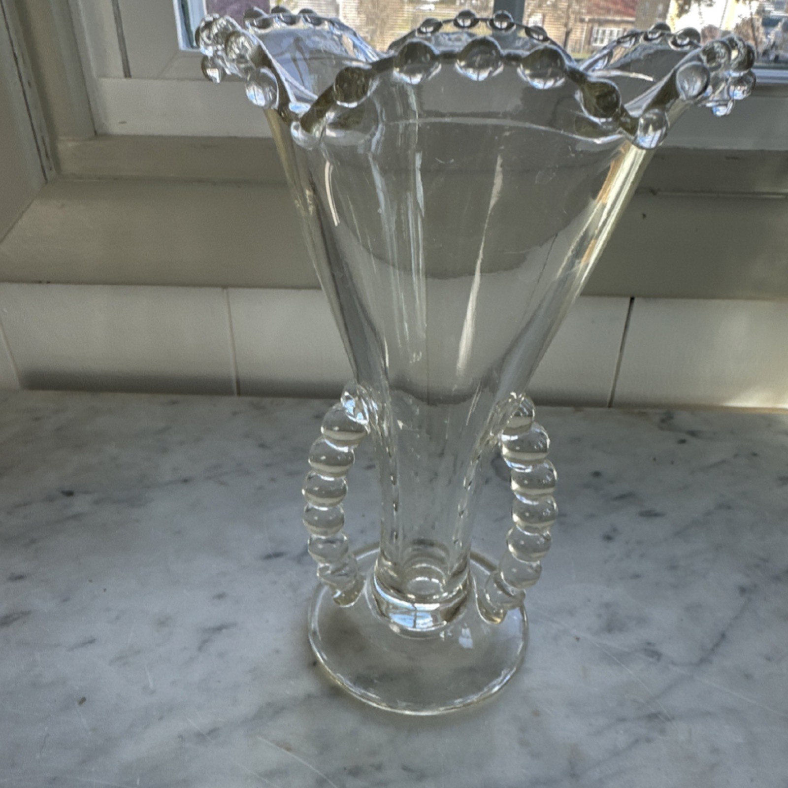 Imperial Glass Company Clear Glass Decorative Vase Beaded Edge Handles