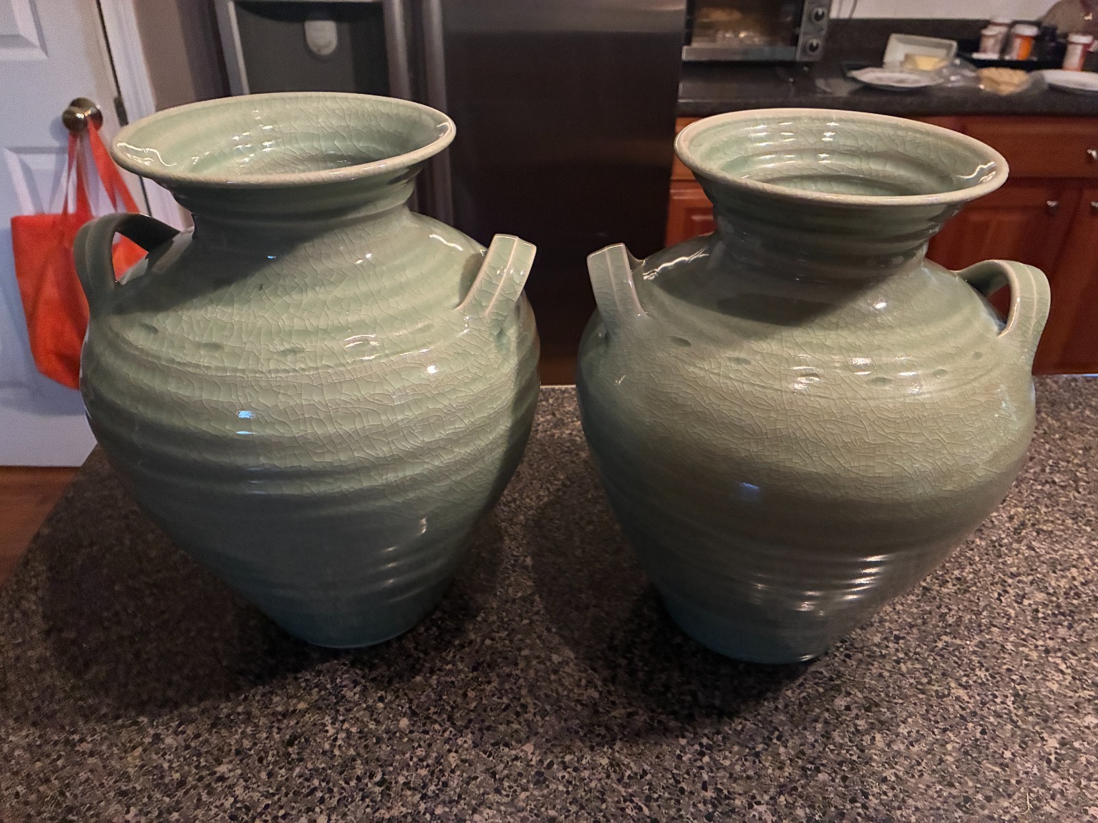 SIMON PEARCE Belmont Celadon Crackle Large Urn Vase 12” w/handles Pair vintage