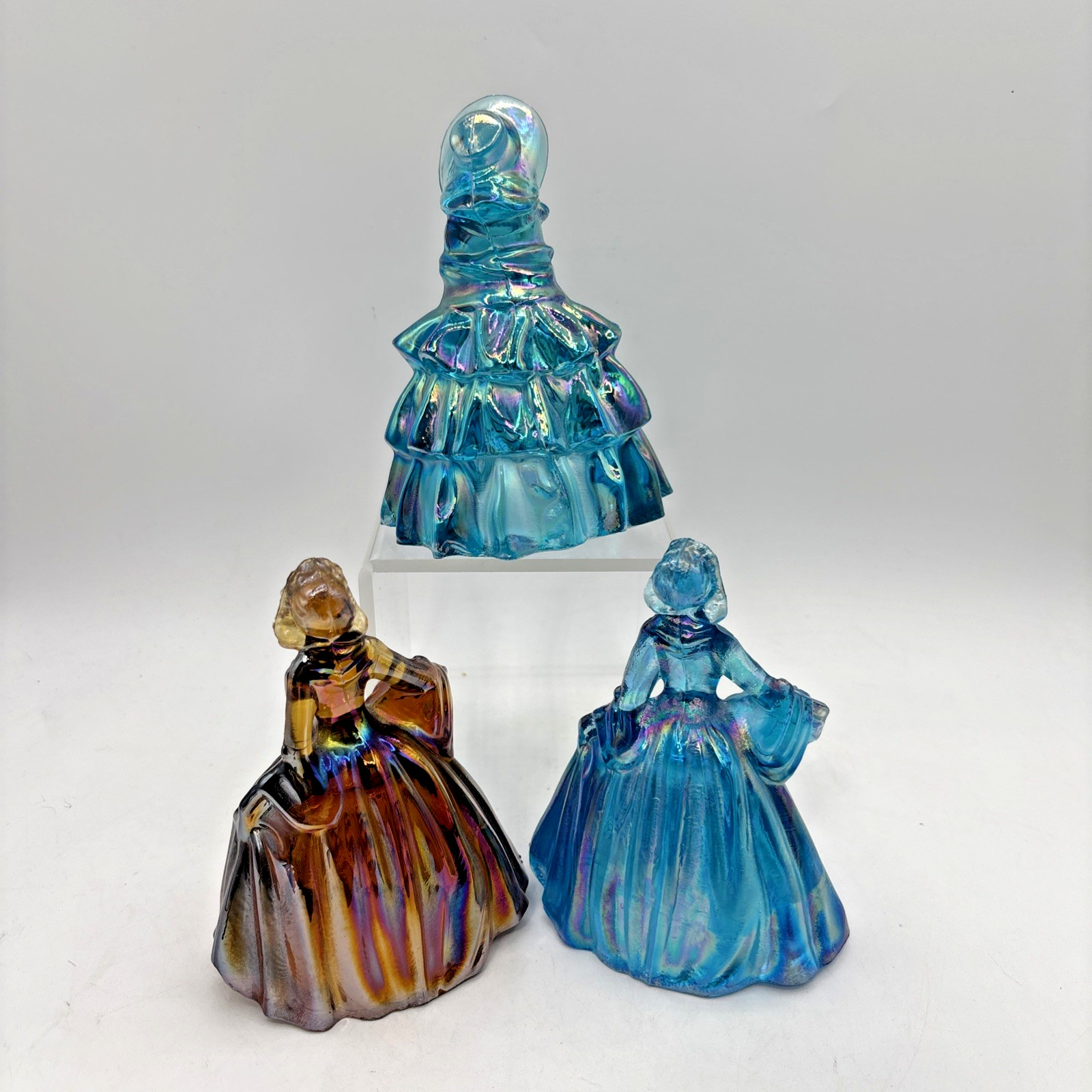 Set of 3 Wheaton Iridescent Carnival Glass Blue Southern Belle Lady Figurines