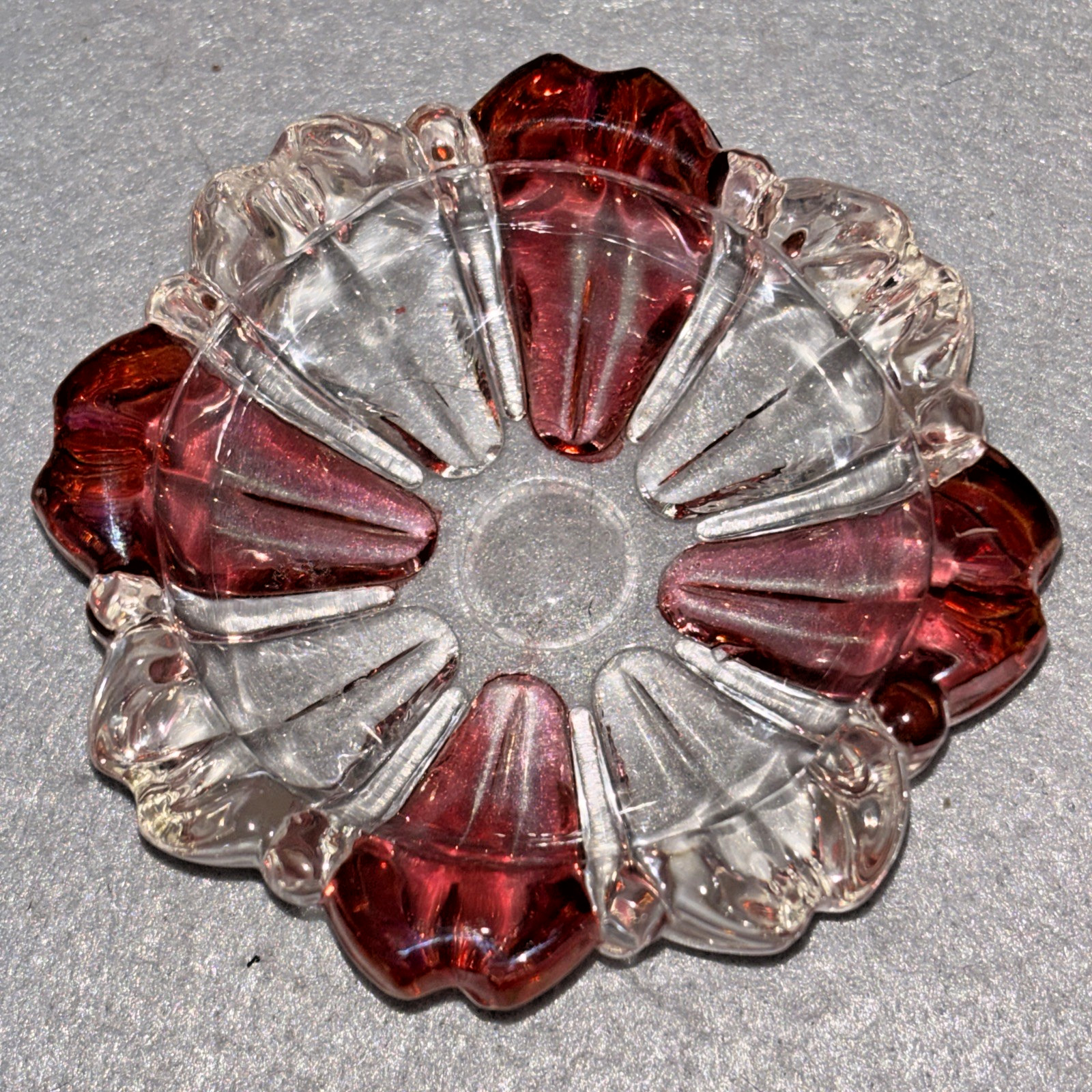 3 Cranberry Ruby Red Flash Clear Striped Peppermint Ashtrays RARE 3 Inch Size