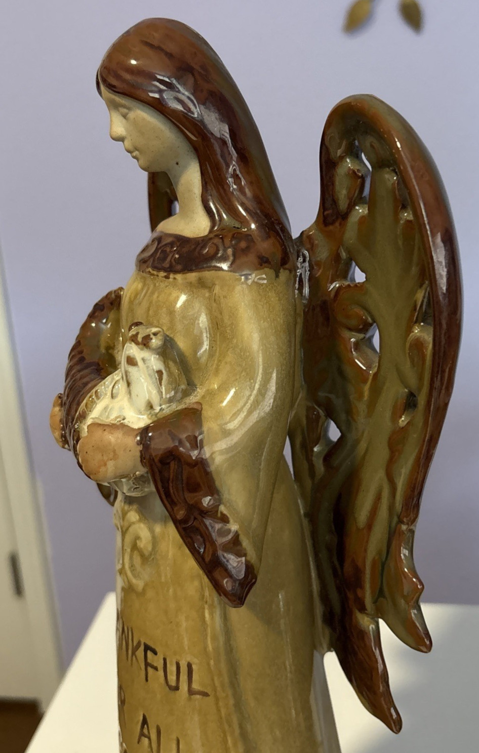 Glazed Art Pottery Angel Pierced Wing Figurine 15.75” Thanks Message Earth Tones