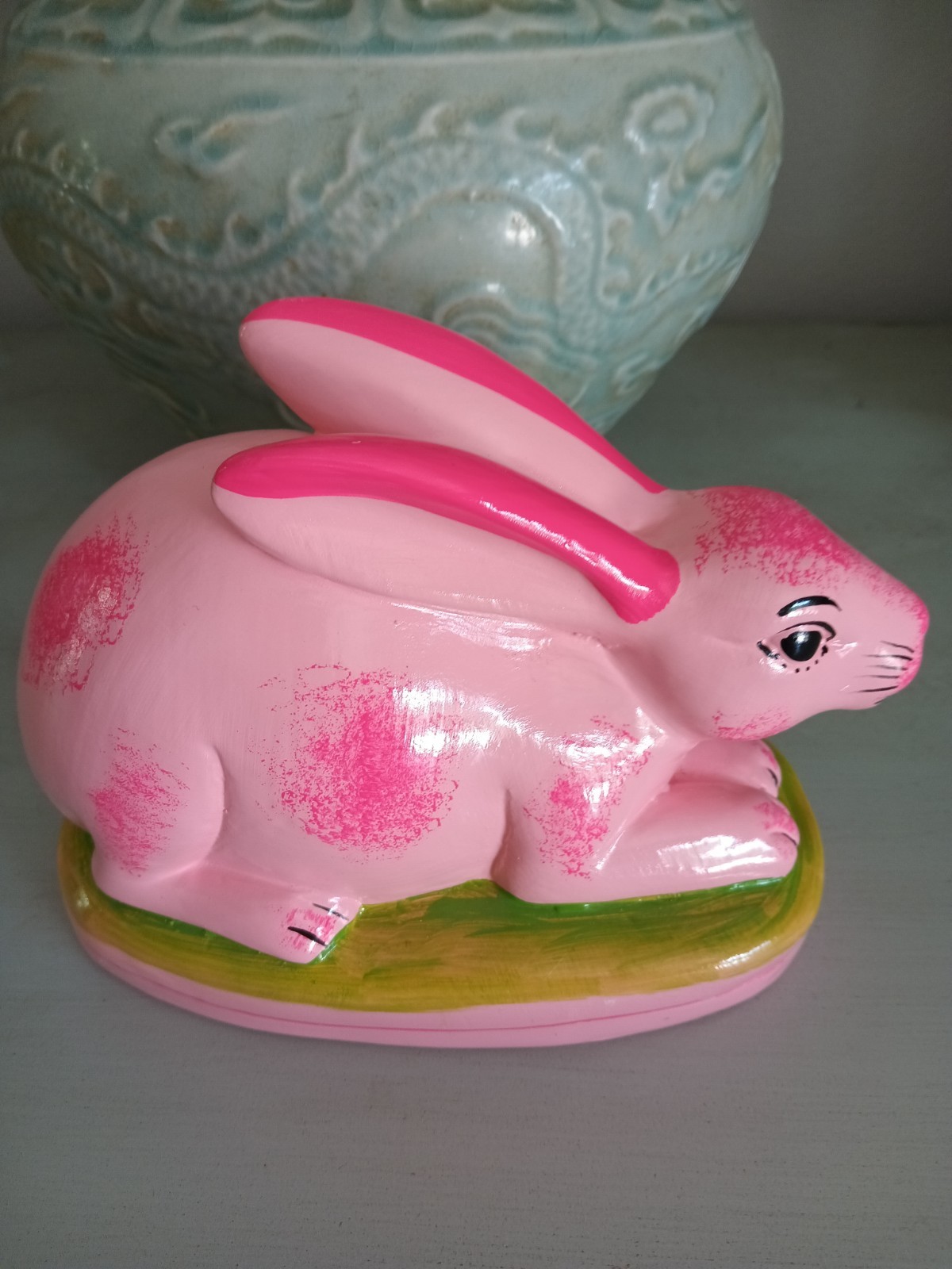 STAFFORDSHIRE REPRODUCTION PINK CERAMIC SMALL HARE BUNNY RABBIT FIGURINE- 7.5”L