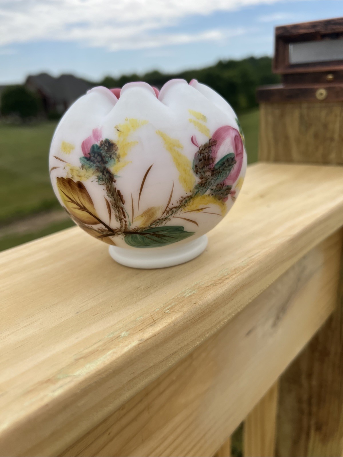 Vintage Fenton LG Wright Peach Blow Moss Rose Glass Rose Bowl Satin Hand Painted