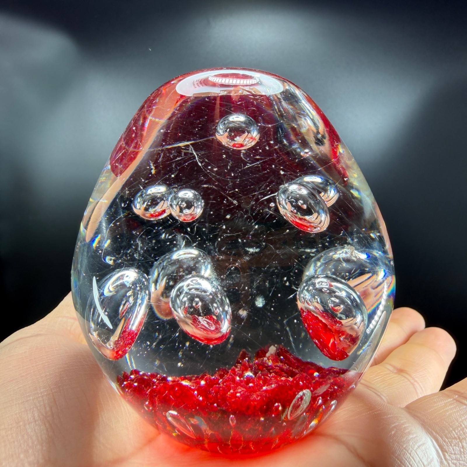 Art Glass Paperweight Egg Controlled Bubble Red Fritted Base 3 Inch Desk Decor