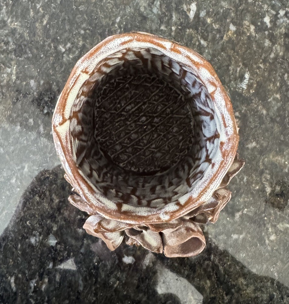 Studio Pottery Bud Vase/ Sculptural Pinecone detail/Brown/Signed J Songer Artist