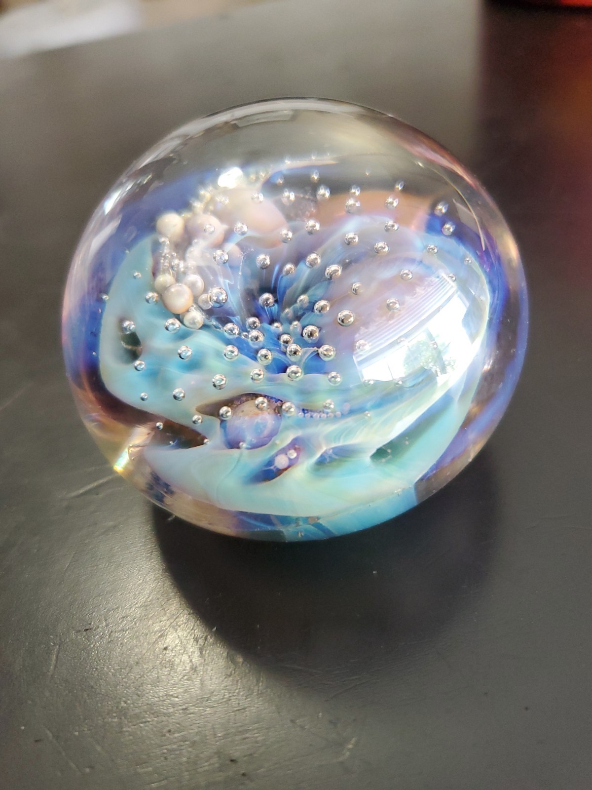Vintage Seegers Fein Art Glass Small Blue Green Abstract Paperweight Signed 1993