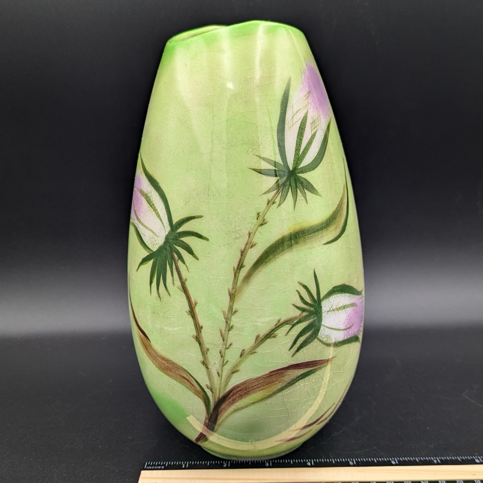 Vase Hand Painted Thistle Flowers Holland Mold Pottery MCM Vintage Ceramic 10″