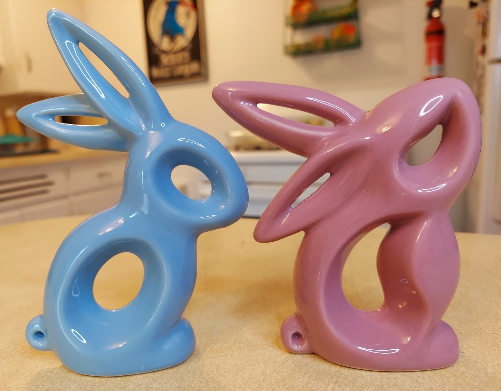 Lot of 3 Vintage MCM Bunny Easter Rabbit Ceramic Blue Pink Yellow Figurine 5.75″