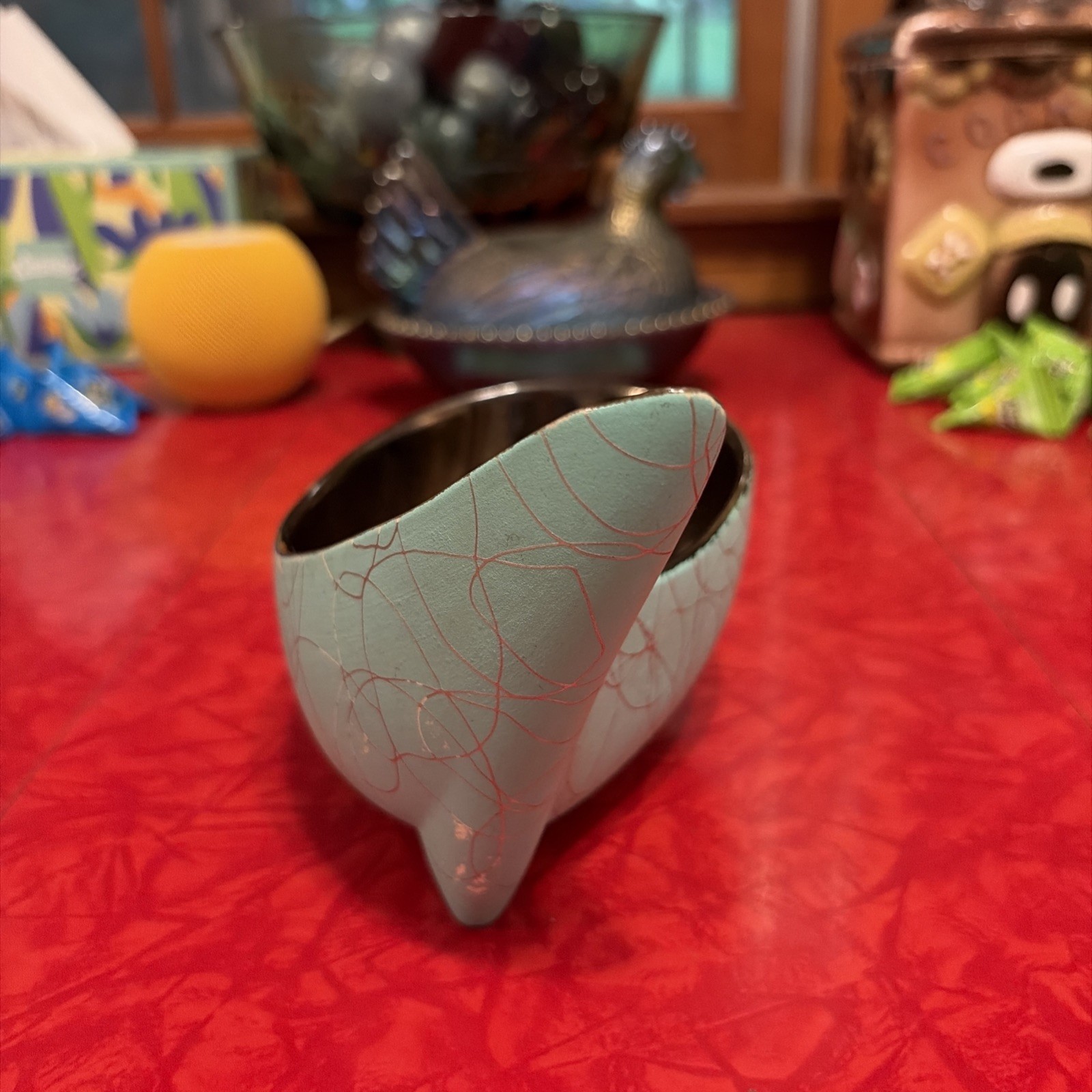 Vintage Shawnee Pottery Atomic Turquoise w/ Metallic Swirl & Copper #1007 MCM