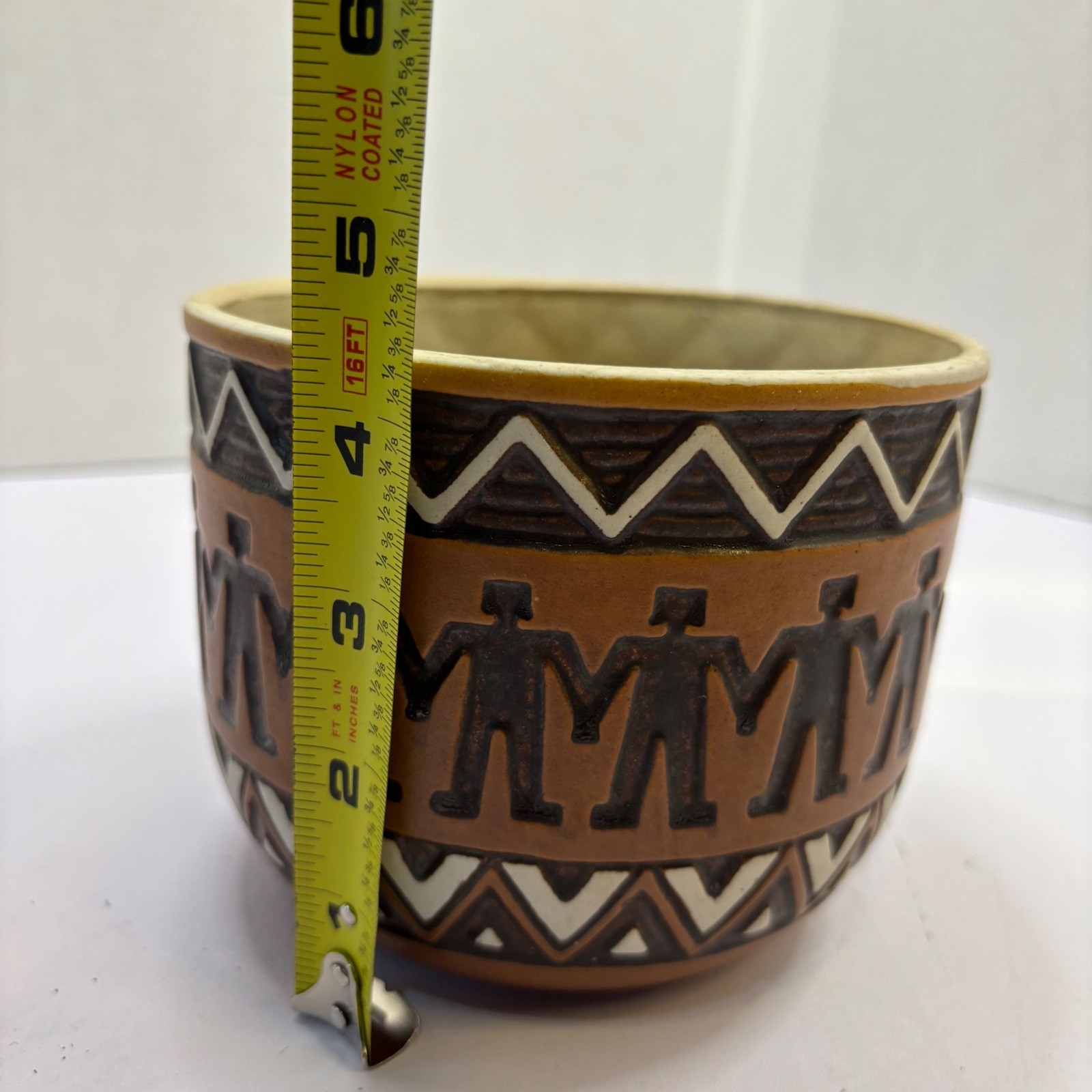 Handmade in Brazil Terracotta Planter Pottery Relief Figures Zigzag Brown Cream