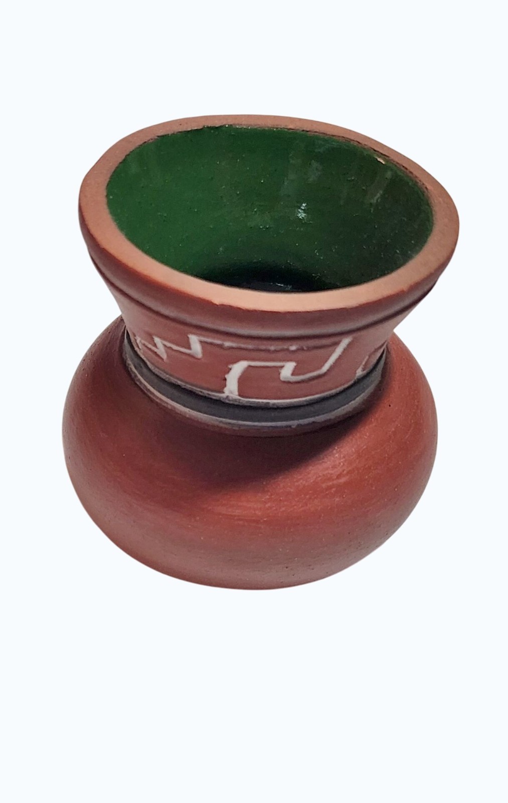 Small Redware Pottery Vase w Green Glaze Interior Southwestern Geometric Pattern