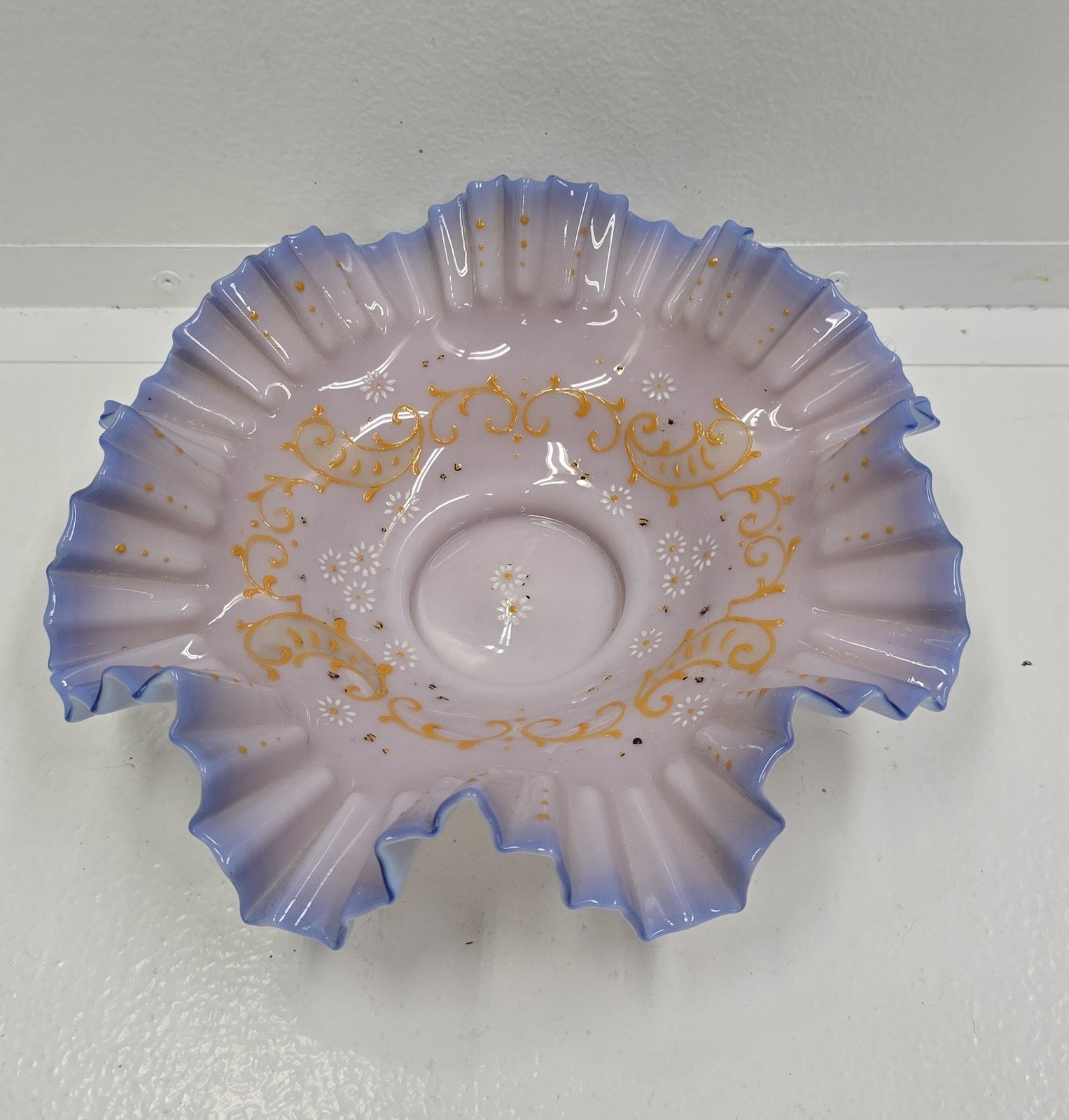 Antique Victorian Opalescent Art Glass Ruffled Bowl Lavender Blue Gold Floral