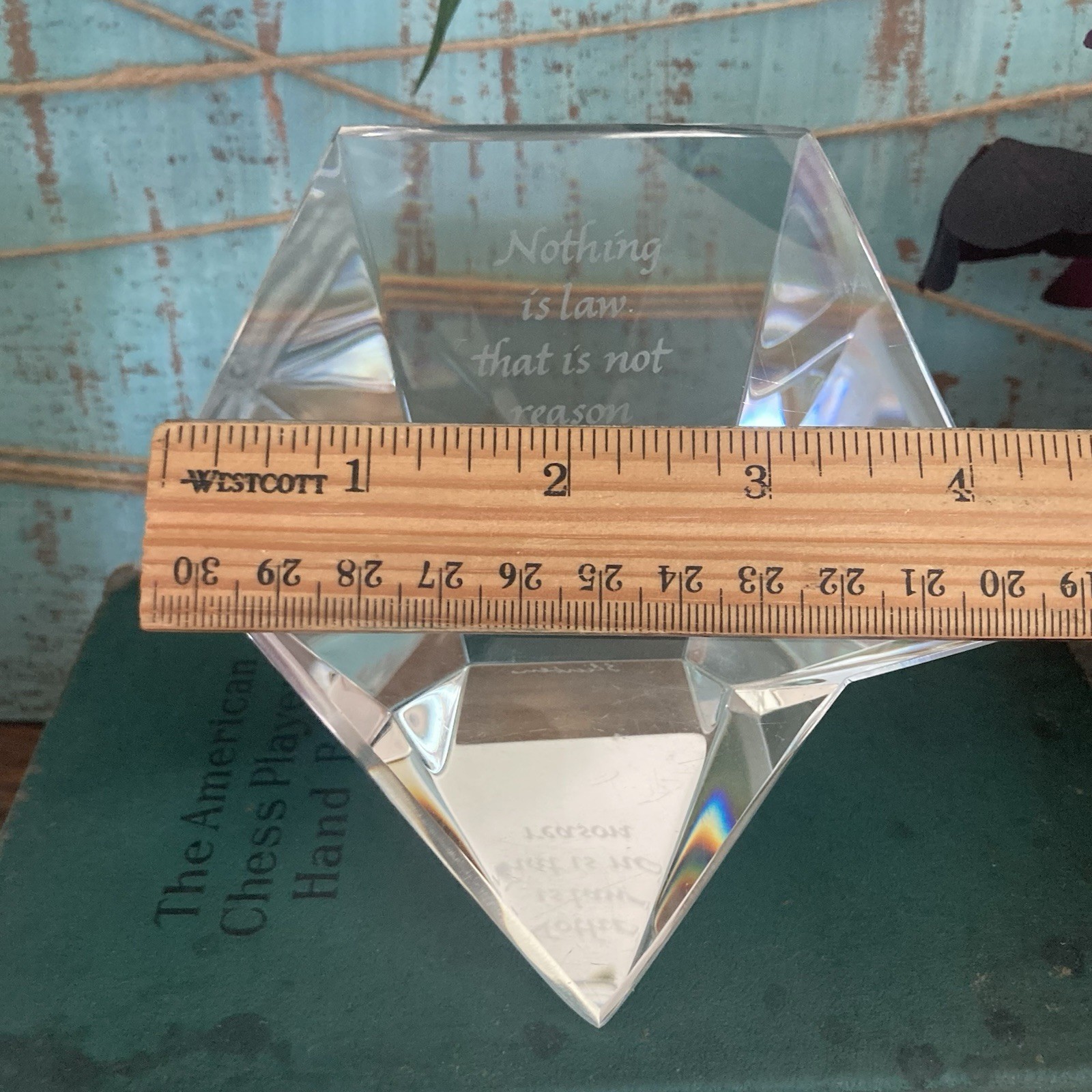VTG Diamond Prism Paperweight Signed Stueben Nothing Is Law That Is Not Reason
