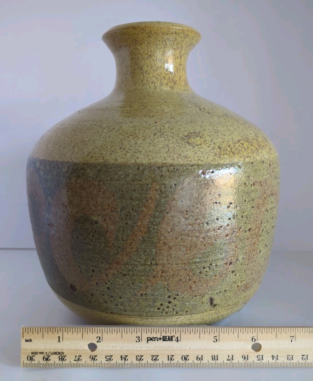 Hand Thrown Signed Studio Art Pottery Lg Vase, Brown Drip Glaze, Speckled