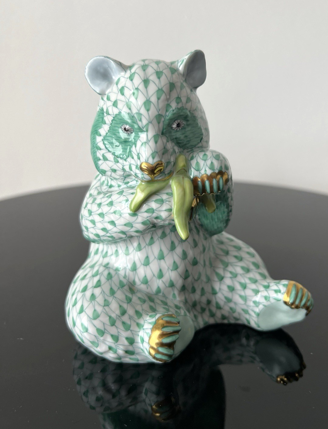 Herend Figurine Panda Bear Eating Bamboo Green Fishnet 5” MINT Must SEE
