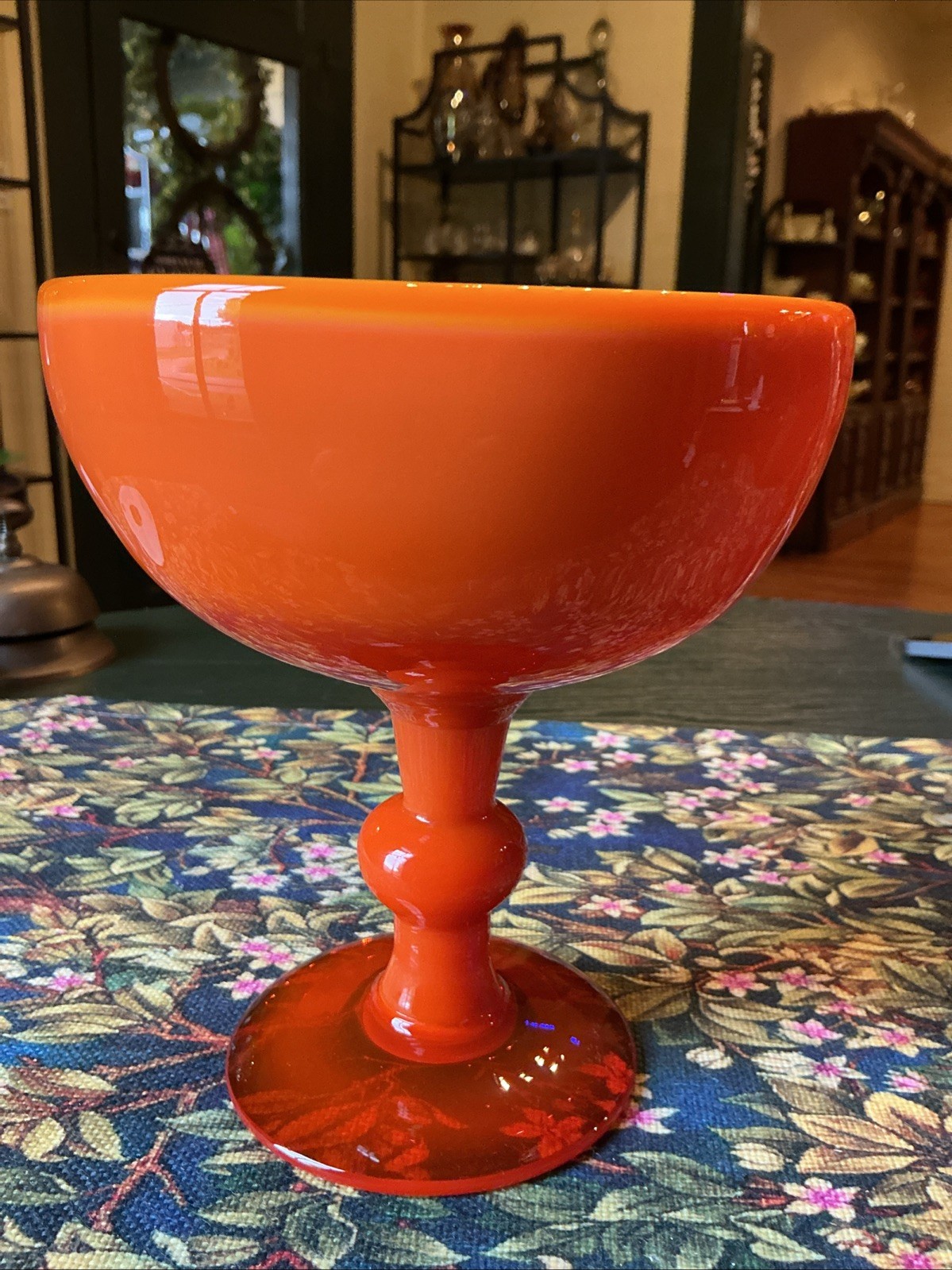 MCM 6.75” Erik Hoglund Boda Opaque Orange Glass Compote Signed Retro