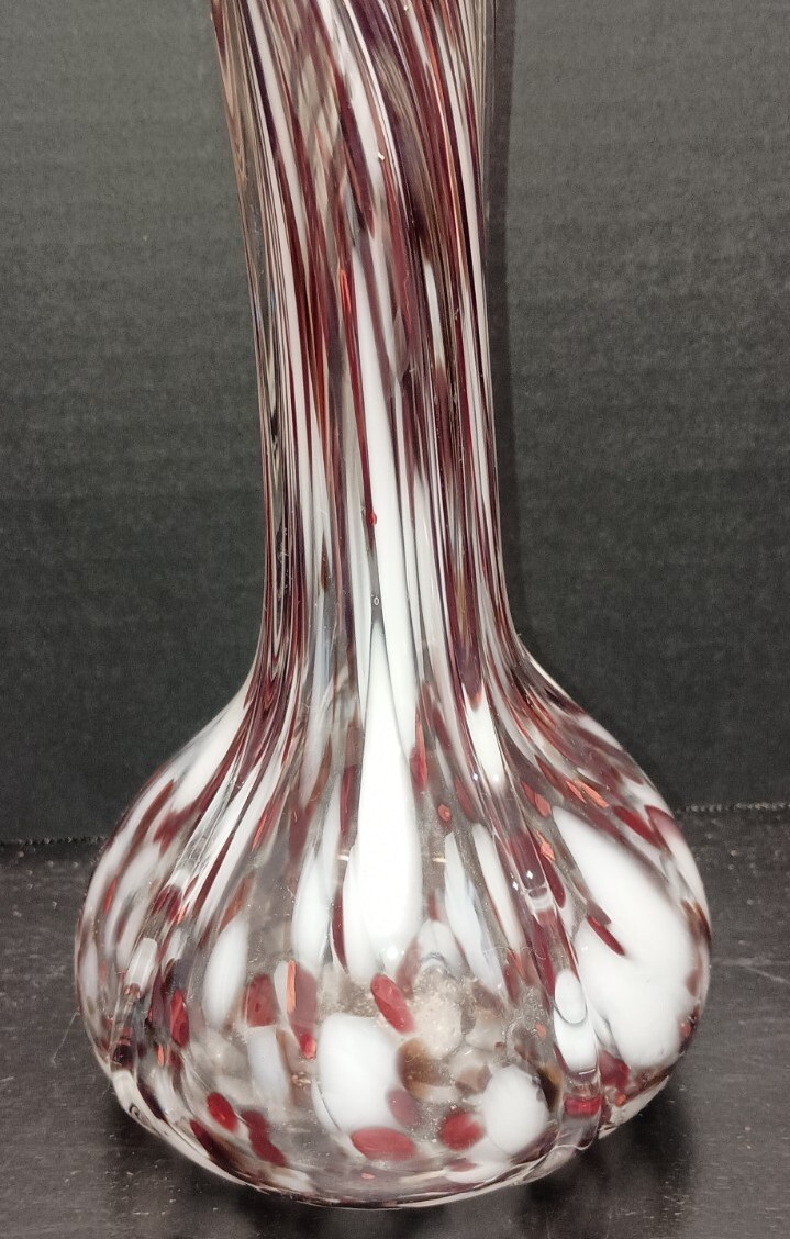 Vintage Blown Art Glass Murrhina Twisted Stretch Vase Crimson White & Clear 14″