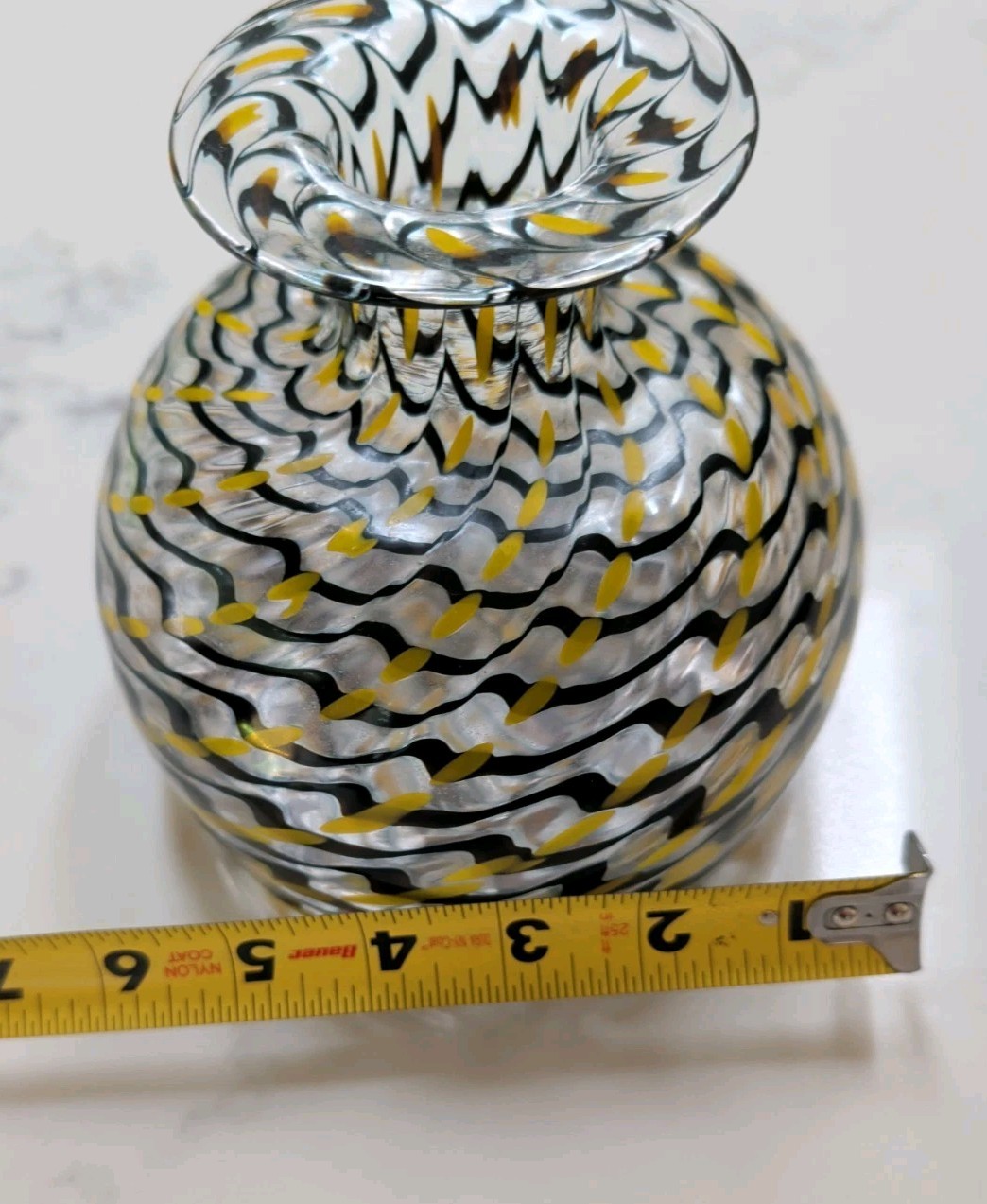 Hand-blown Glass Vase Black Yellow Clear 1.5″ Opening 6″ At Base Beautiful Swirl