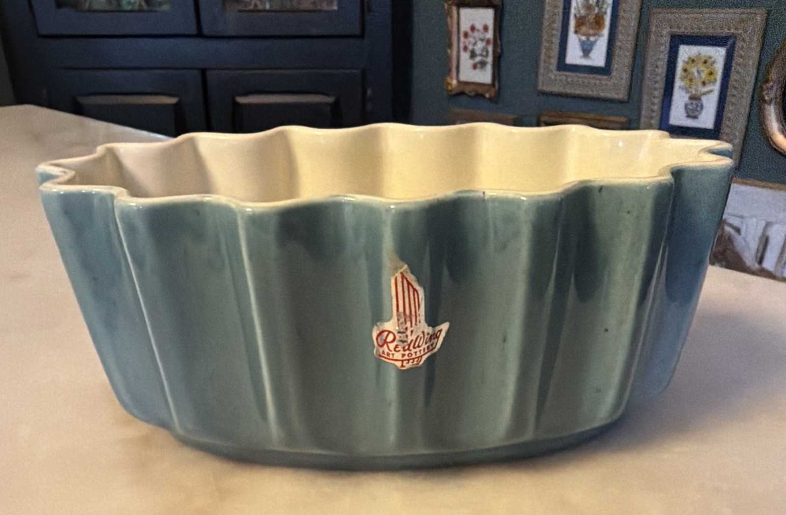 Vintage Red Wing Pottery Planter ORIGINAL STICKER Oval Ribbed # 770 Blue Ivory