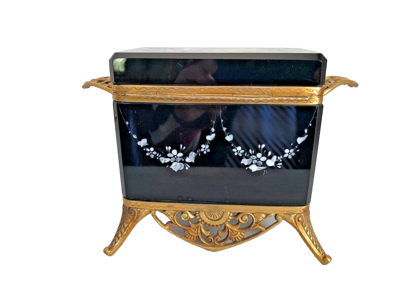 Mary Gregory American Antique Glass Dresser Hinged Box, Gilded Metal, c.1890